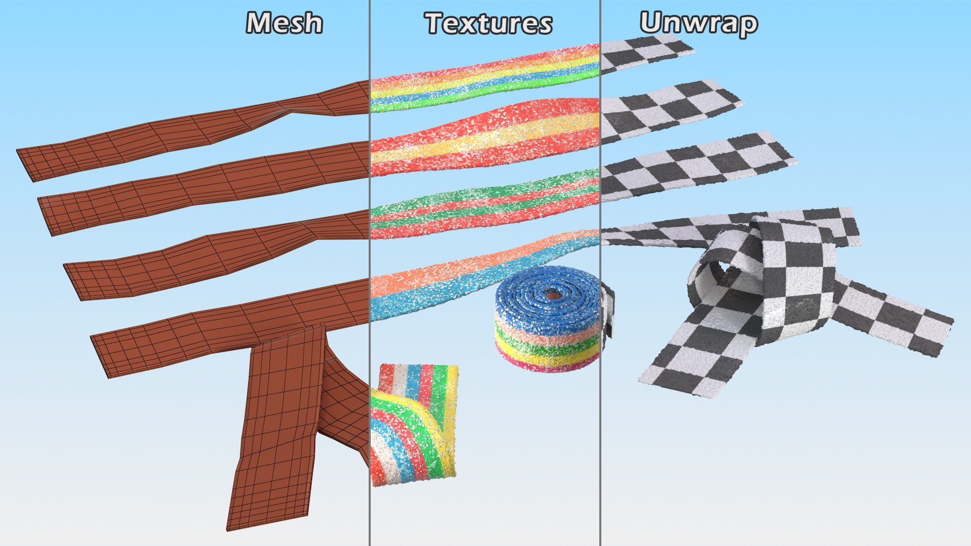 3D model Multicolor Gummy Licorice Belt Candy Set