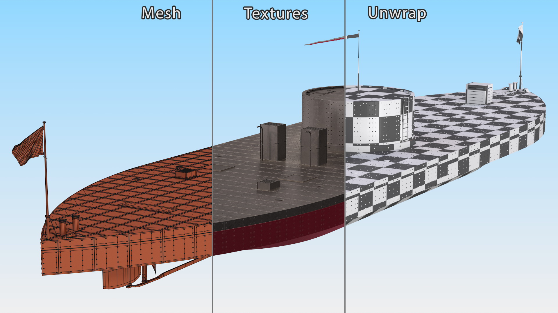 3D US Civil War Warship New Rigged