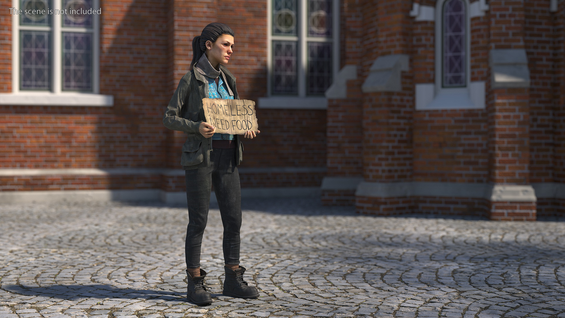 3D Homeless Woman with a Cardboard Sign