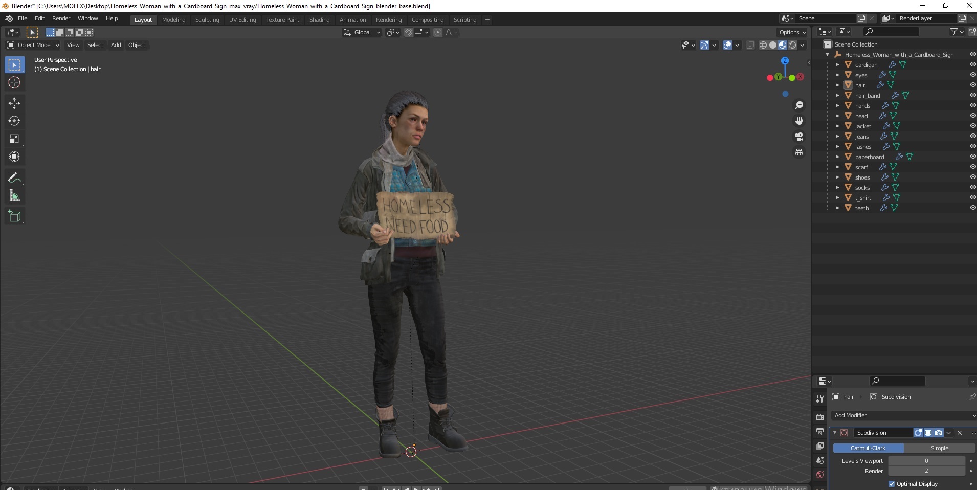 3D Homeless Woman with a Cardboard Sign