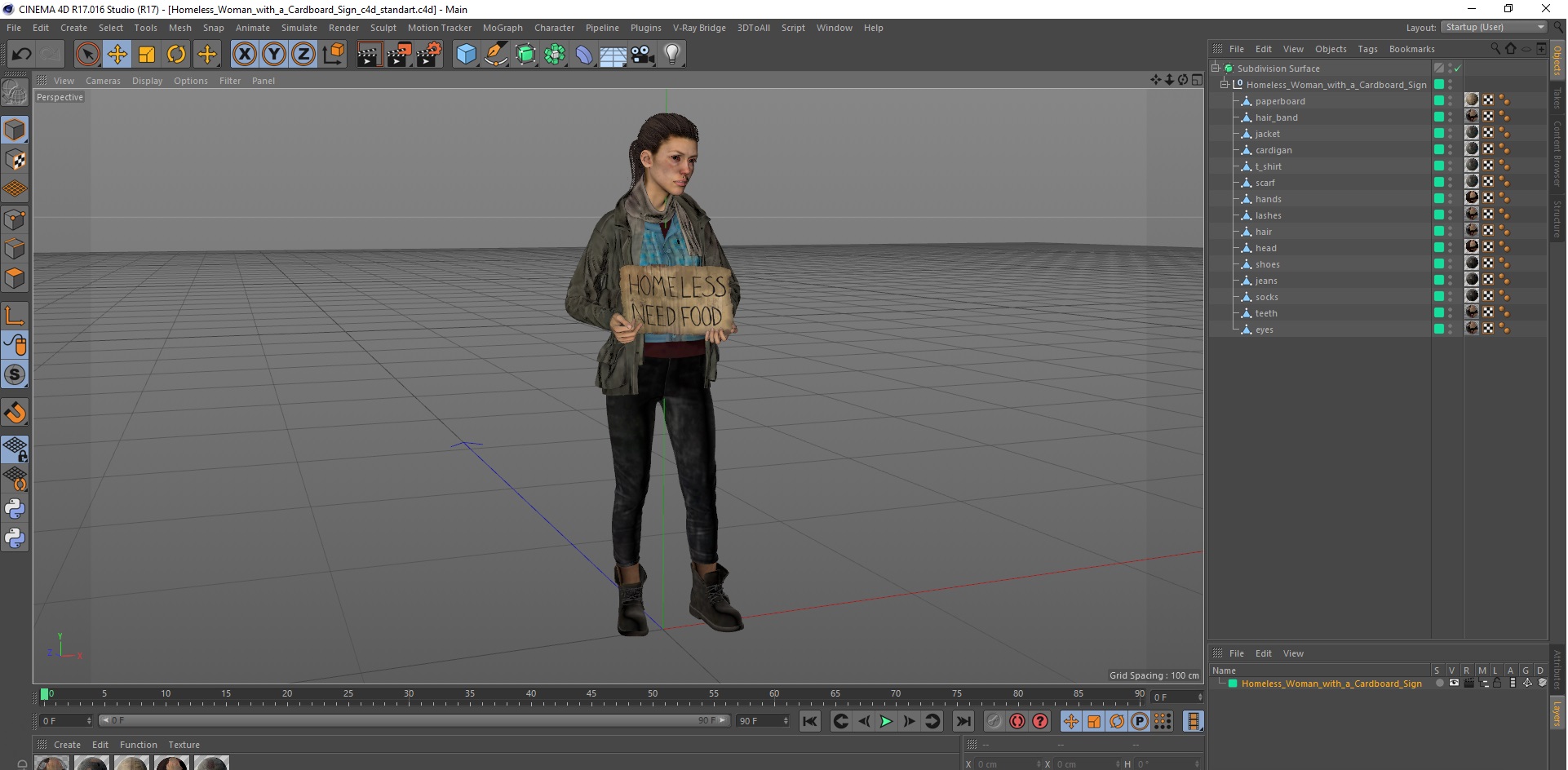 3D Homeless Woman with a Cardboard Sign