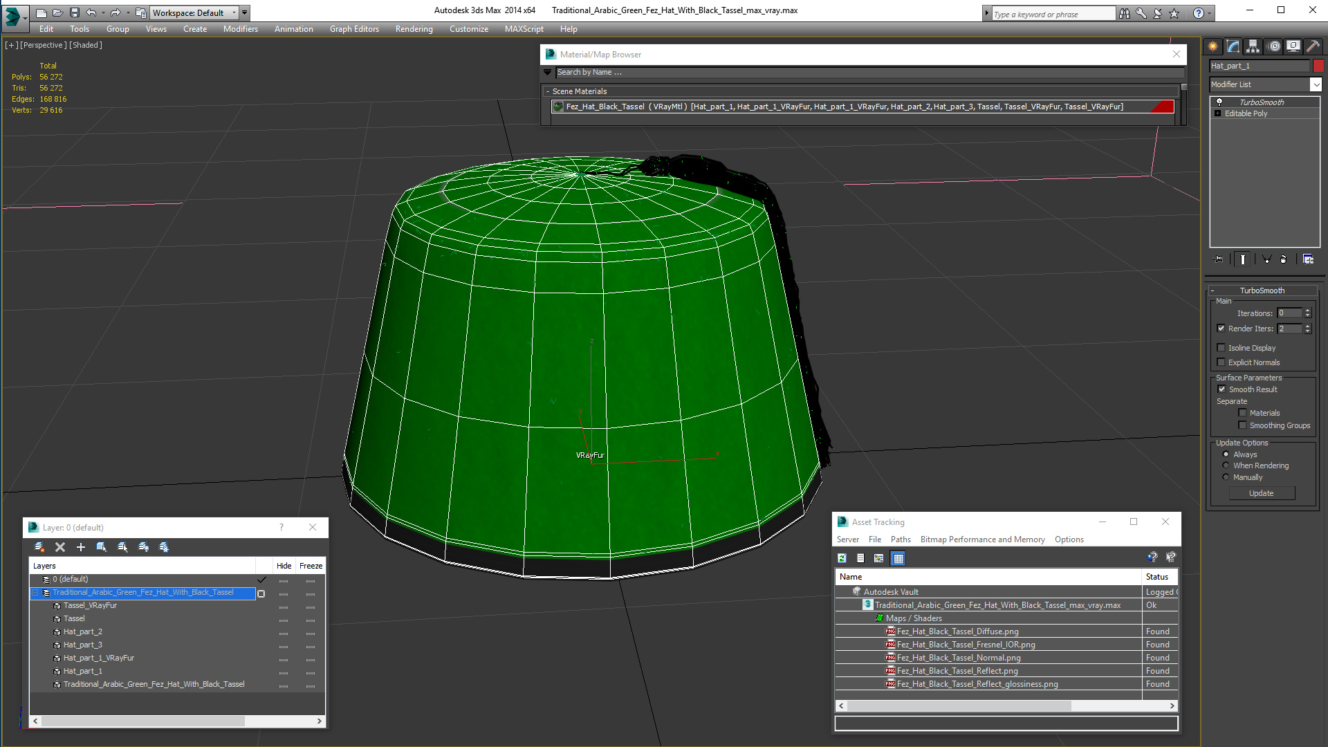 Traditional Arabic Green Fez Hat With Black Tassel Fur 3D model