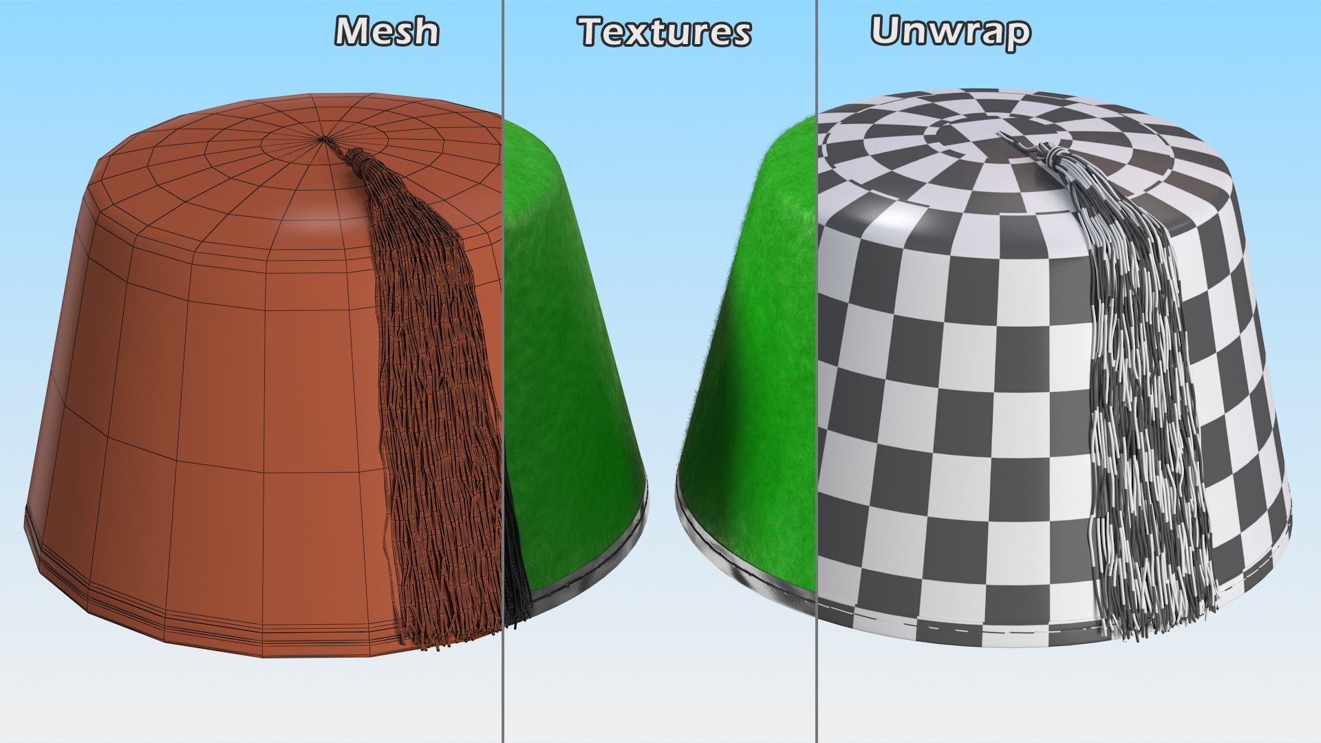 Traditional Arabic Green Fez Hat With Black Tassel Fur 3D model