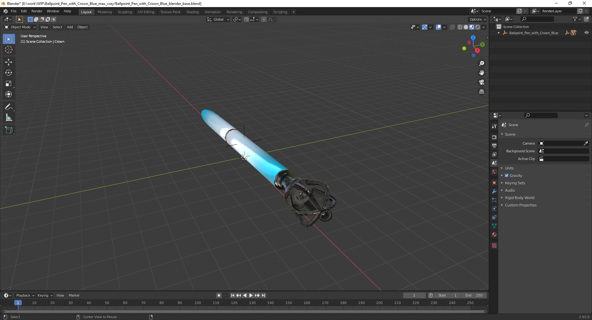 Ballpoint Pen with Crown Blue 3D model