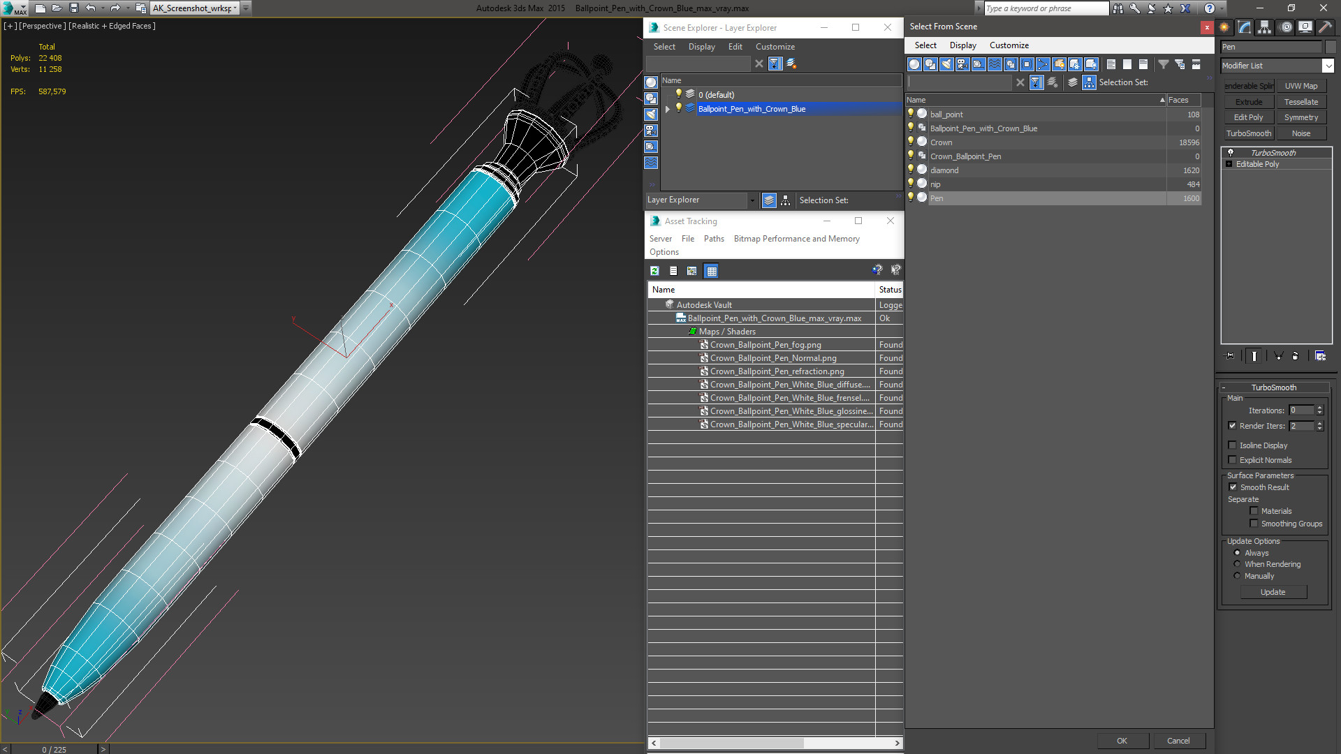 Ballpoint Pen with Crown Blue 3D model