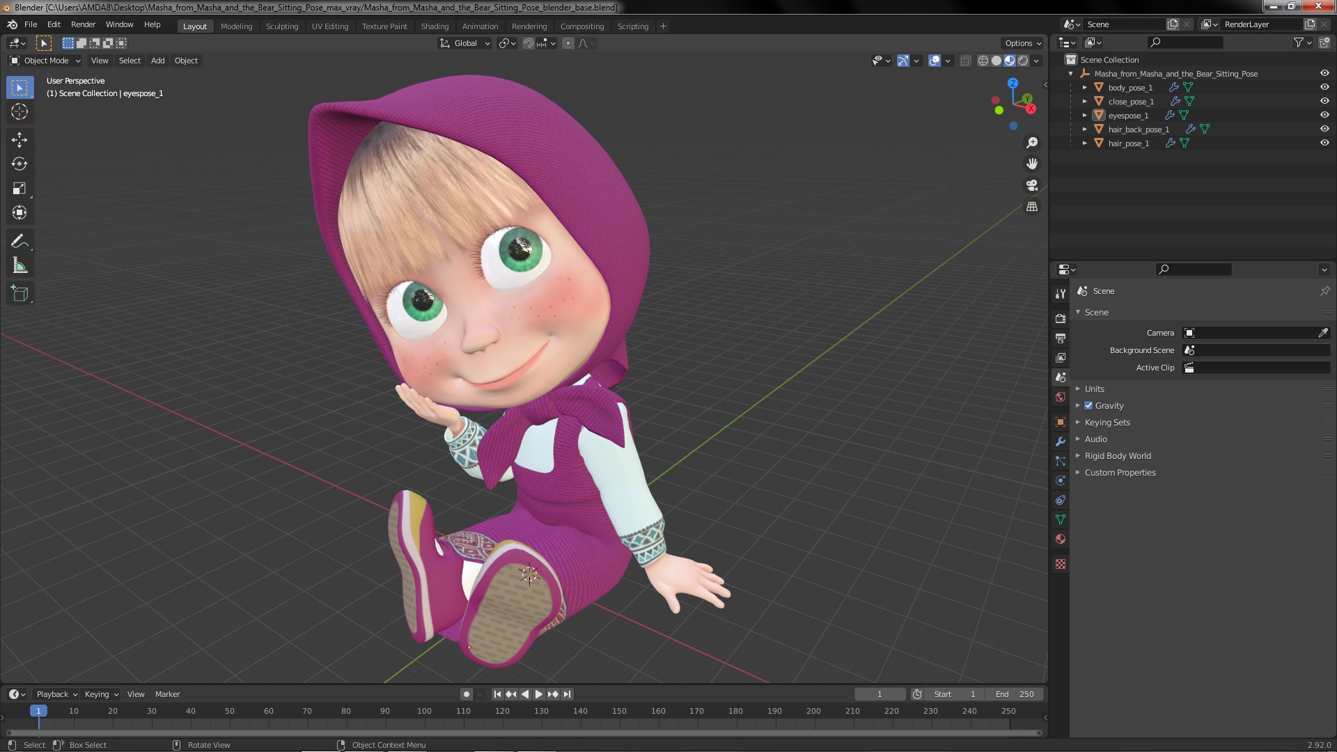 Masha from Masha and the Bear Sitting Pose 3D