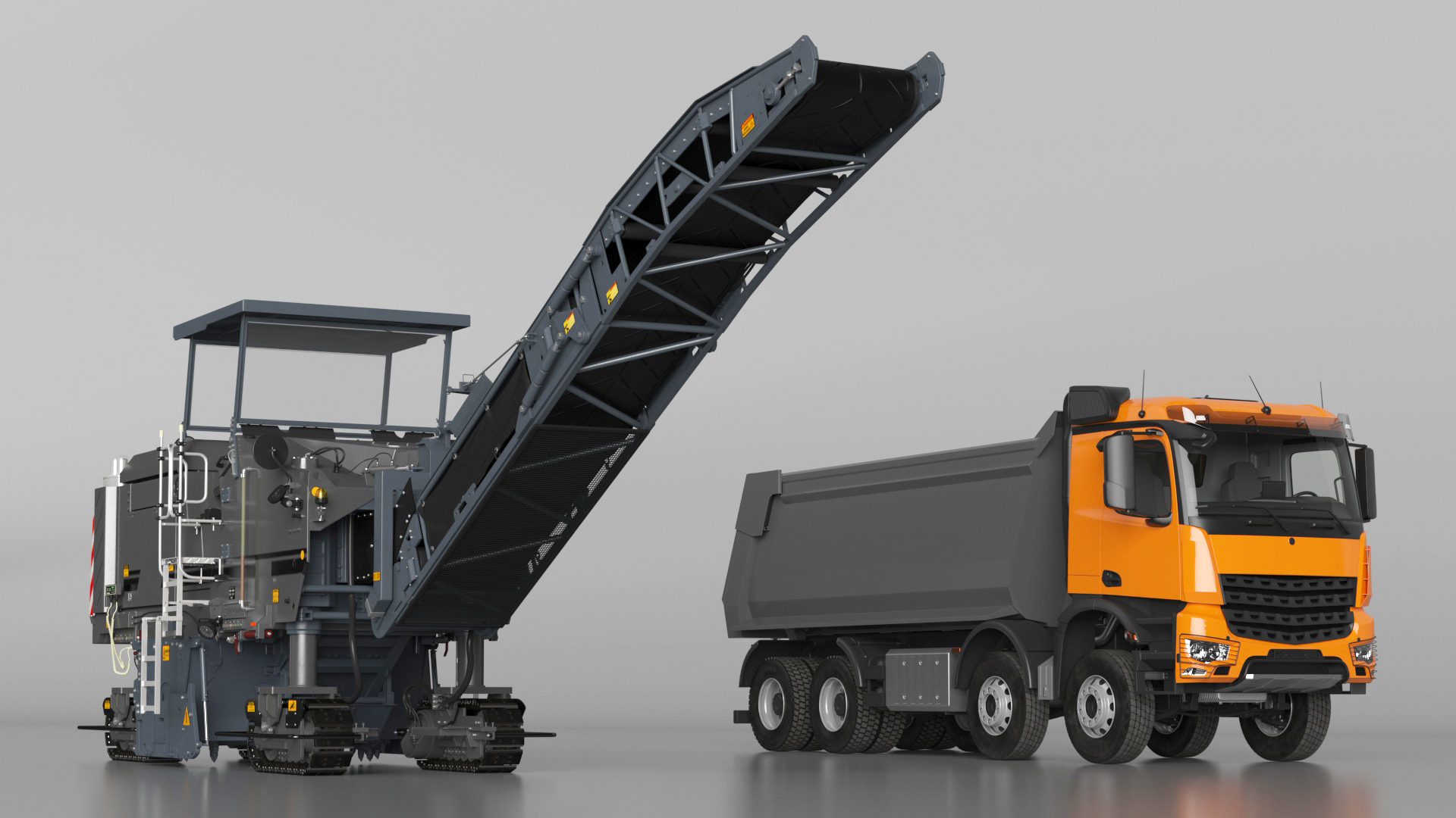 3D Road Milling Machine Loads Milled Asphalt into the Dump Truck