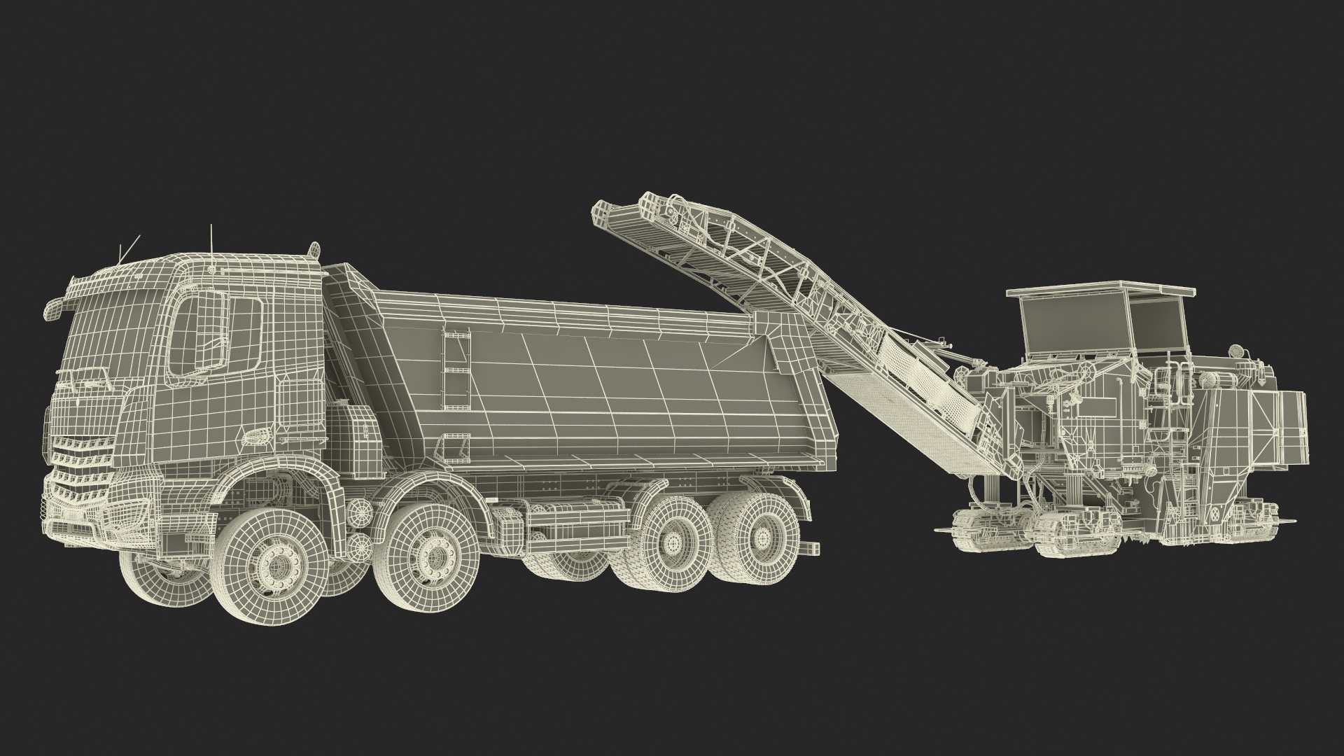 3D Road Milling Machine Loads Milled Asphalt into the Dump Truck