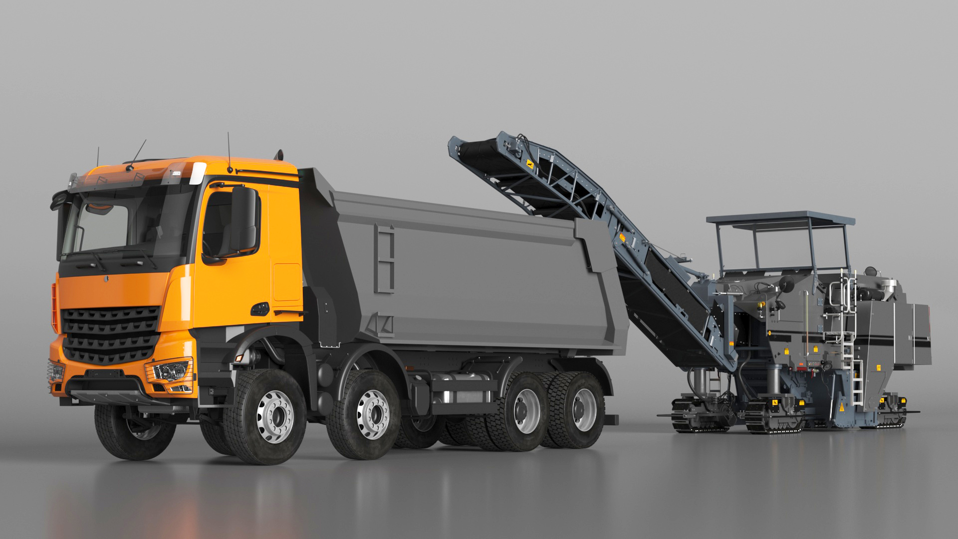 3D Road Milling Machine Loads Milled Asphalt into the Dump Truck