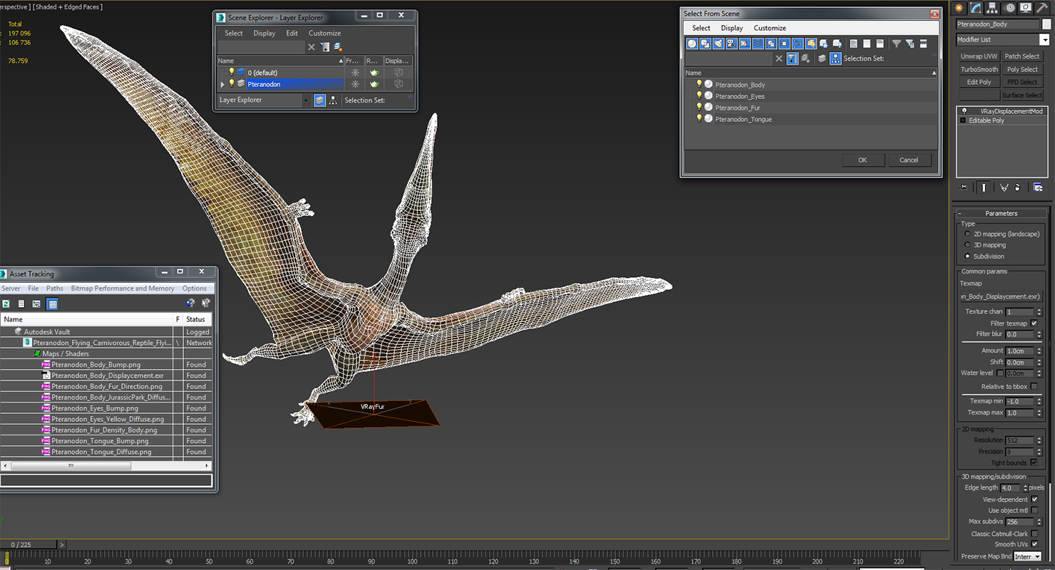 3D Pteranodon Flying Carnivorous Reptile Flying Pose with Fur model