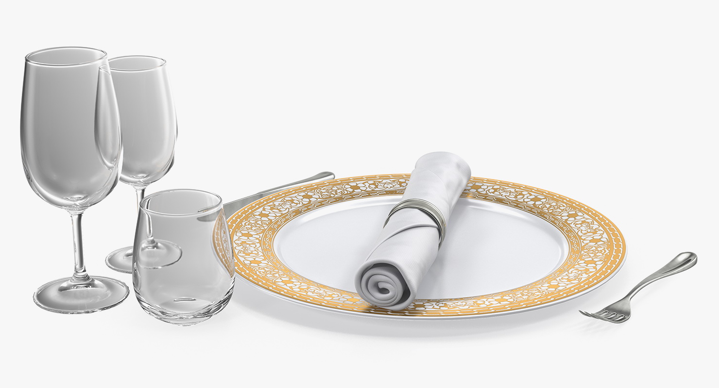 3D Empty Plate Glasses And Silverware Set model