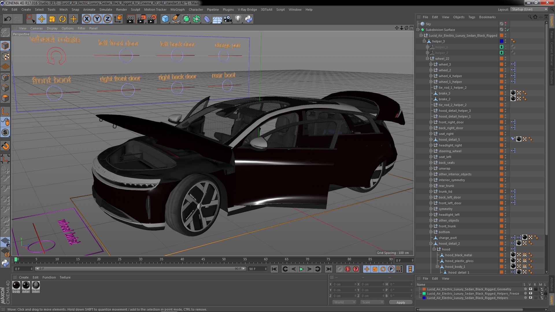 3D Lucid Air Electric Luxury Sedan Black Rigged for Cinema 4D model
