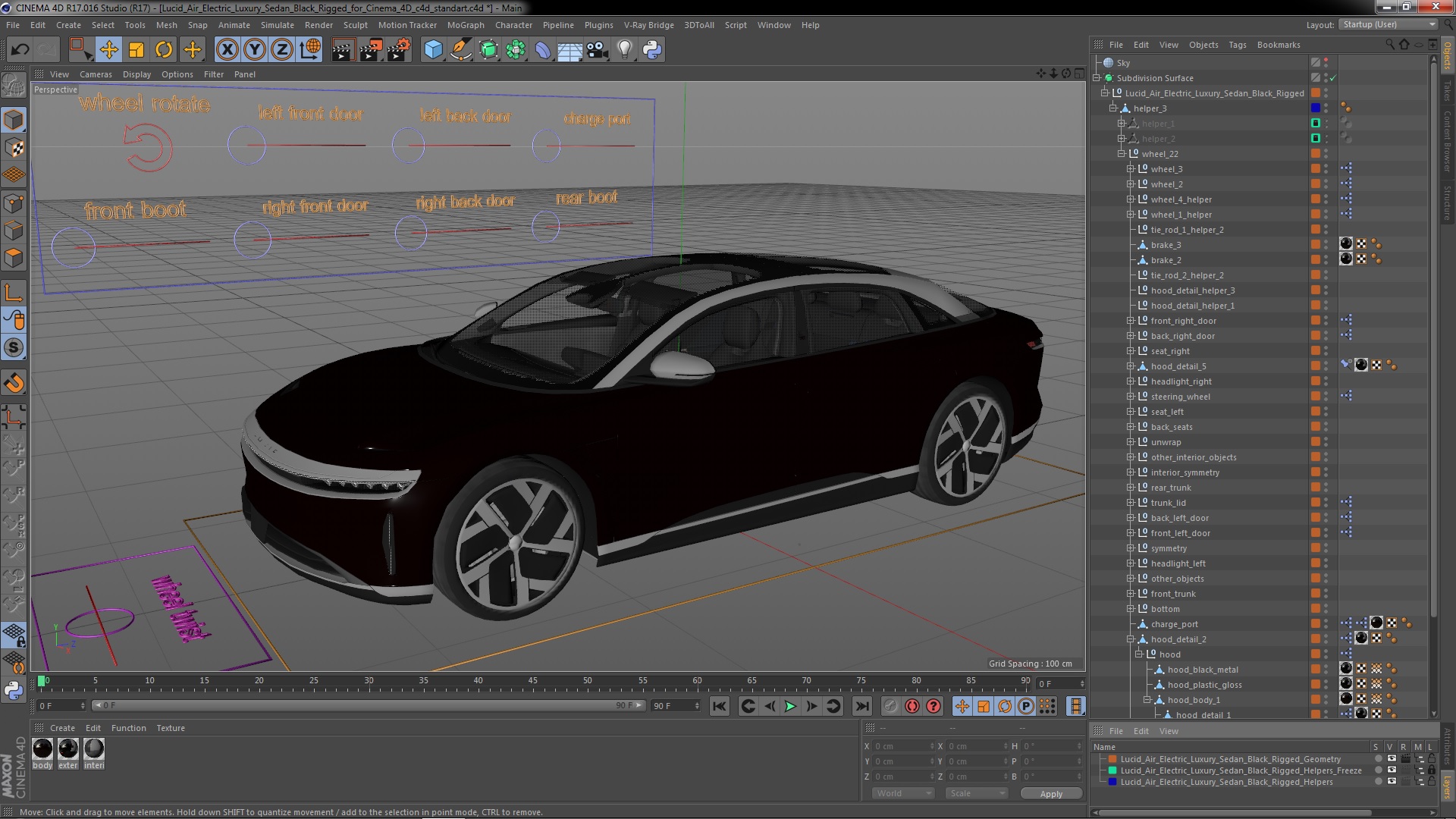 3D Lucid Air Electric Luxury Sedan Black Rigged for Cinema 4D model
