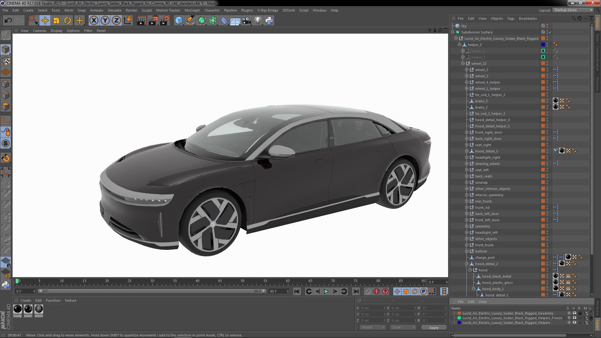 3D Lucid Air Electric Luxury Sedan Black Rigged for Cinema 4D model