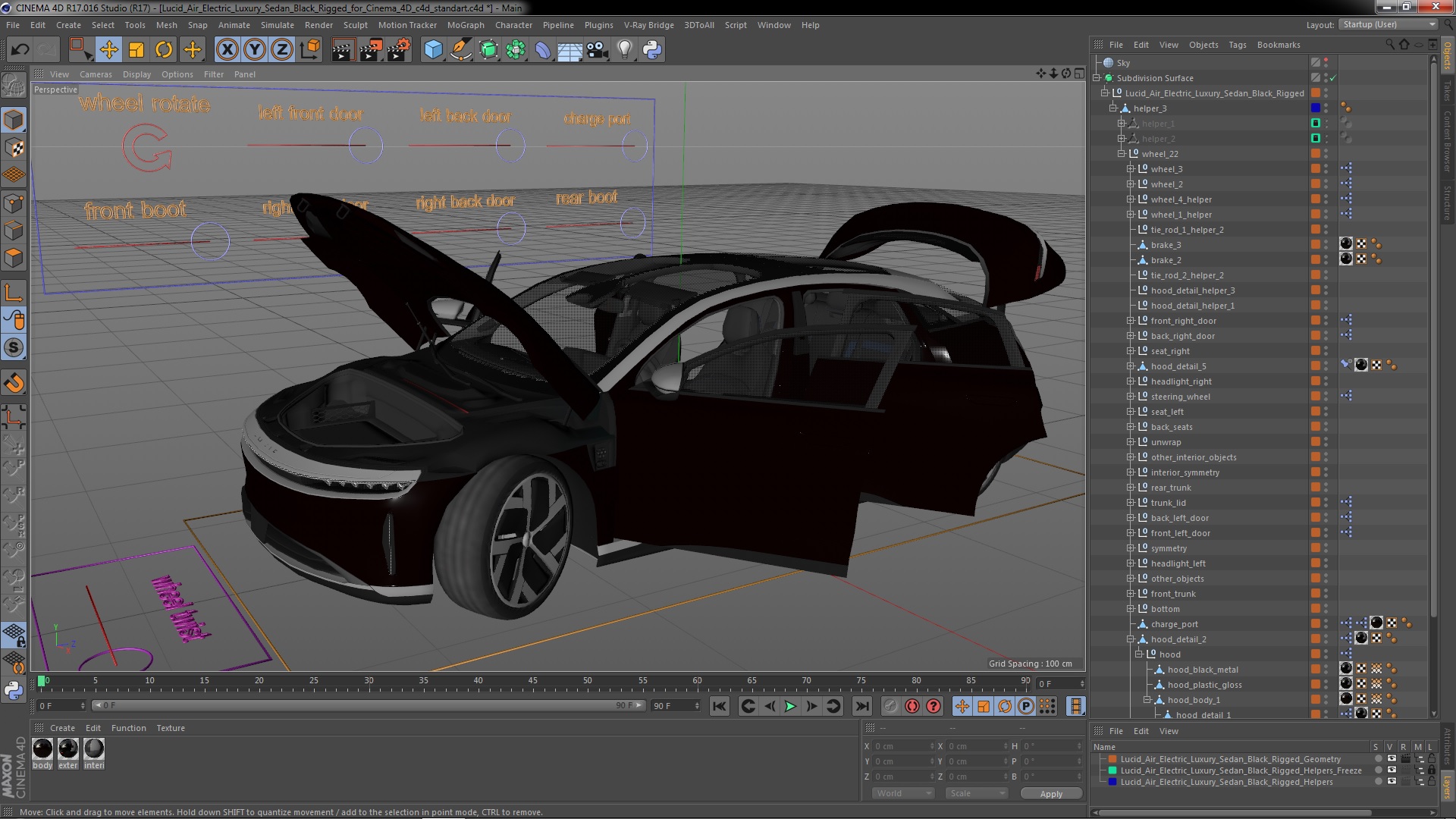 3D Lucid Air Electric Luxury Sedan Black Rigged for Cinema 4D model