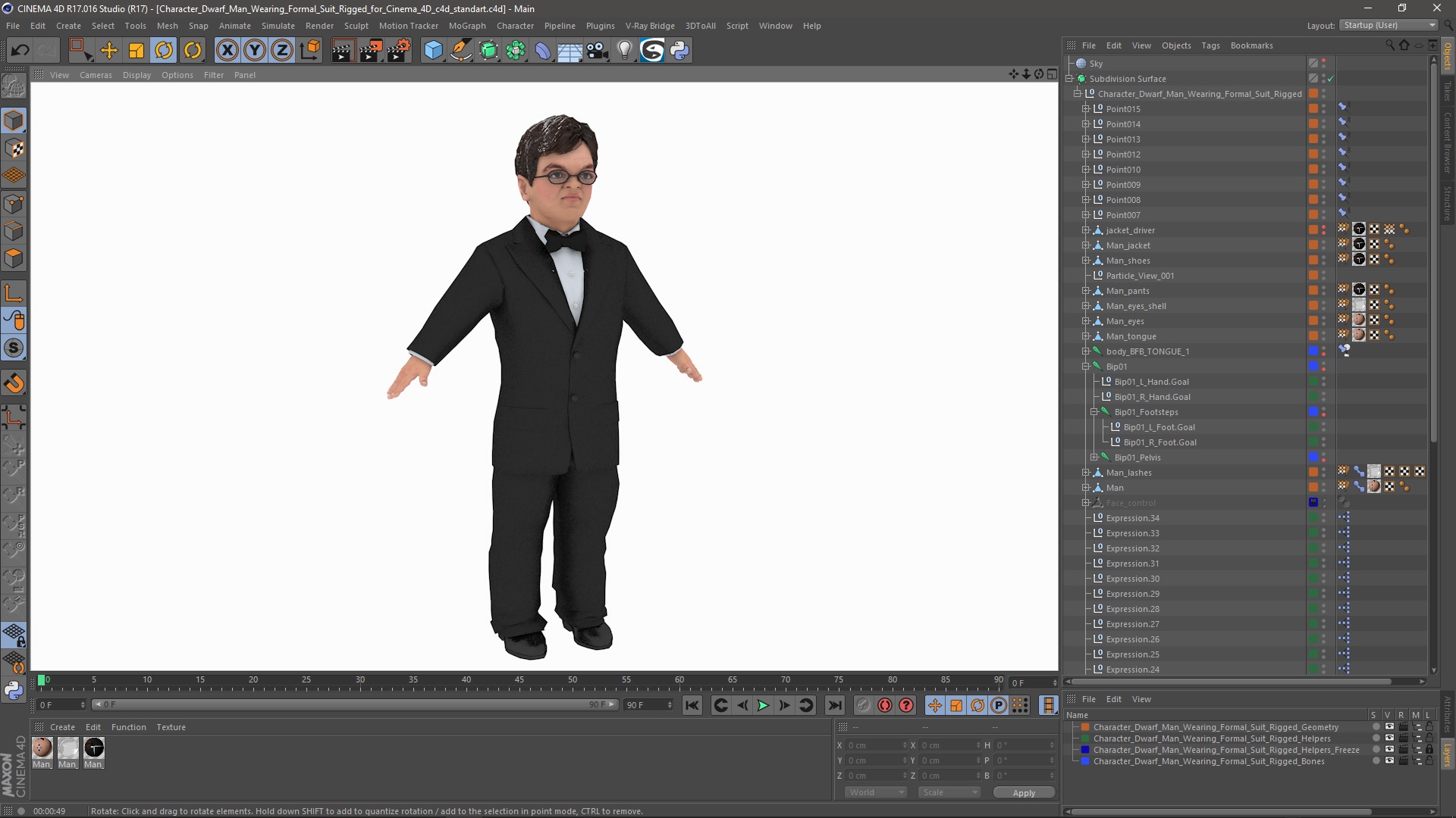 3D model Character Dwarf Man Wearing Formal Suit Rigged for Cinema 4D
