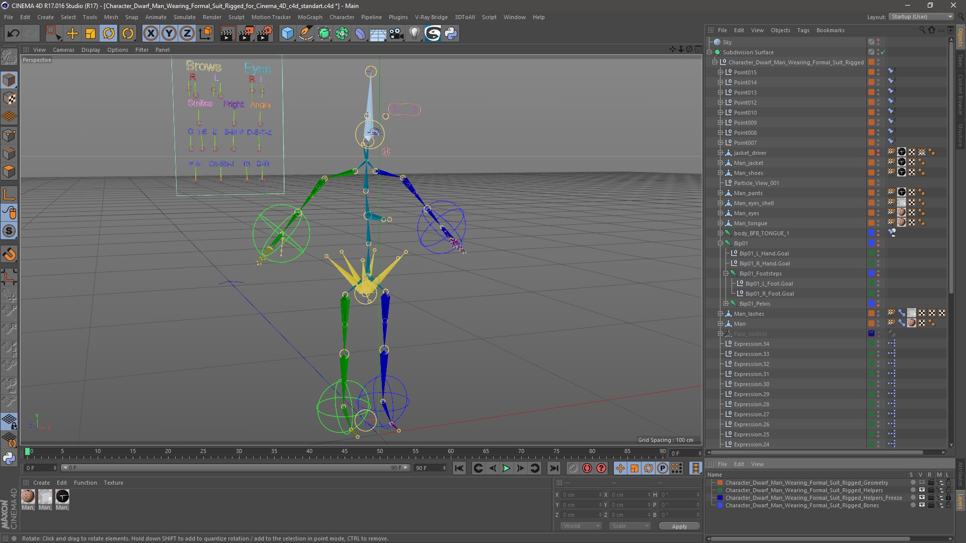 3D model Character Dwarf Man Wearing Formal Suit Rigged for Cinema 4D