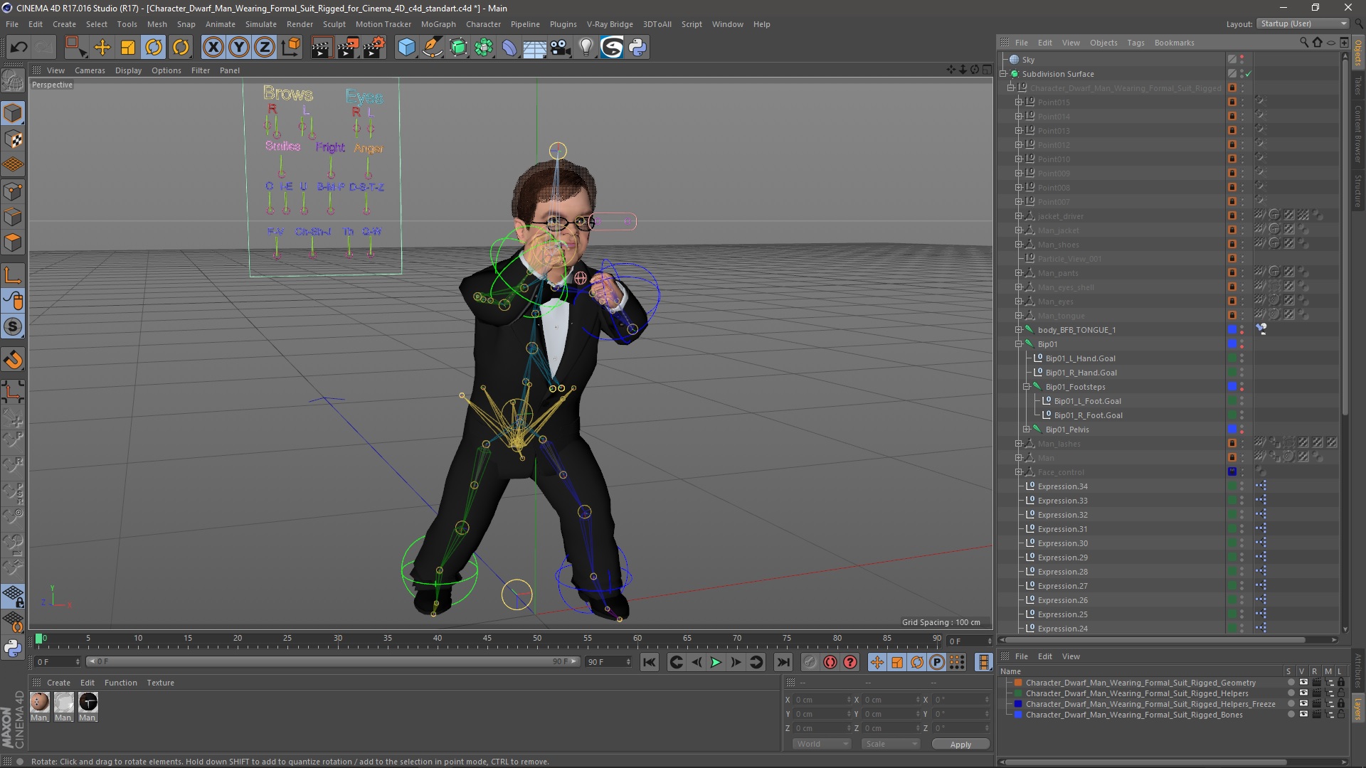 3D model Character Dwarf Man Wearing Formal Suit Rigged for Cinema 4D