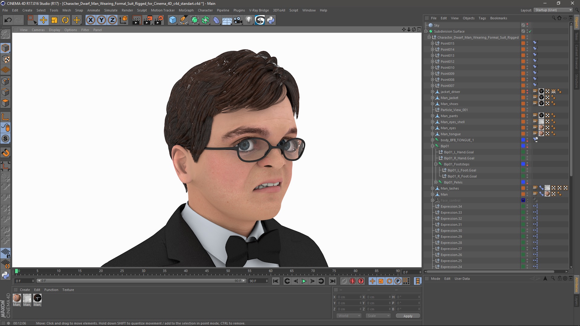 3D model Character Dwarf Man Wearing Formal Suit Rigged for Cinema 4D