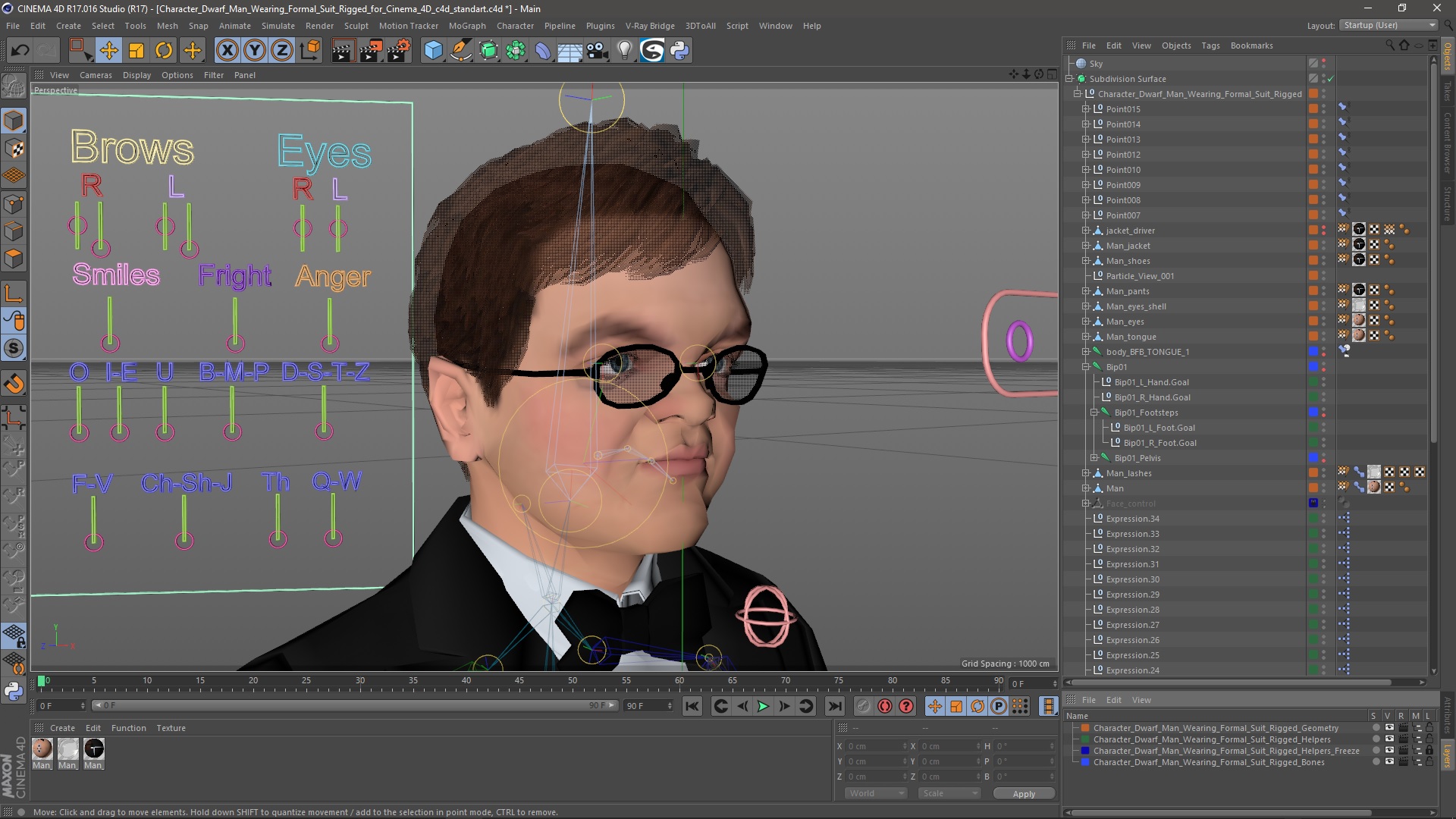 3D model Character Dwarf Man Wearing Formal Suit Rigged for Cinema 4D