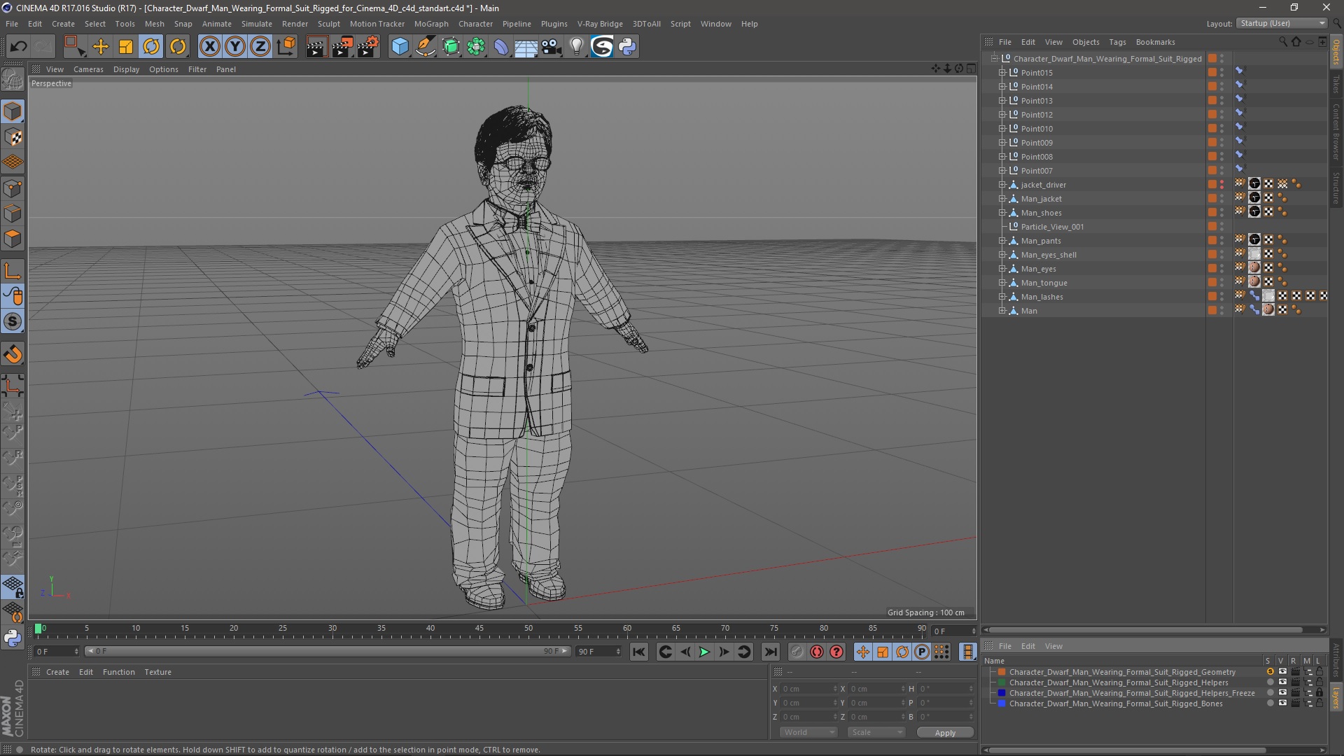 3D model Character Dwarf Man Wearing Formal Suit Rigged for Cinema 4D