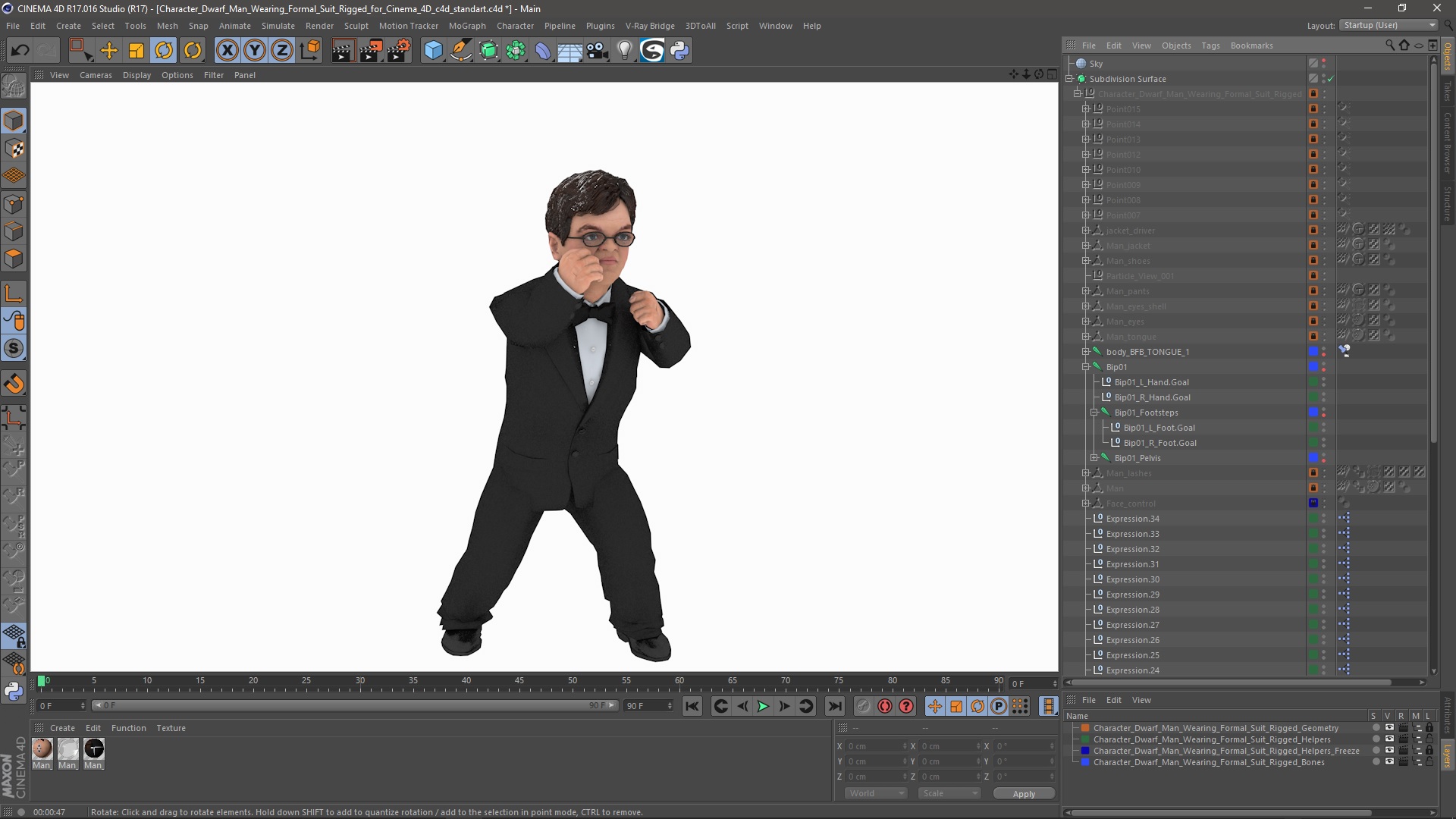 3D model Character Dwarf Man Wearing Formal Suit Rigged for Cinema 4D