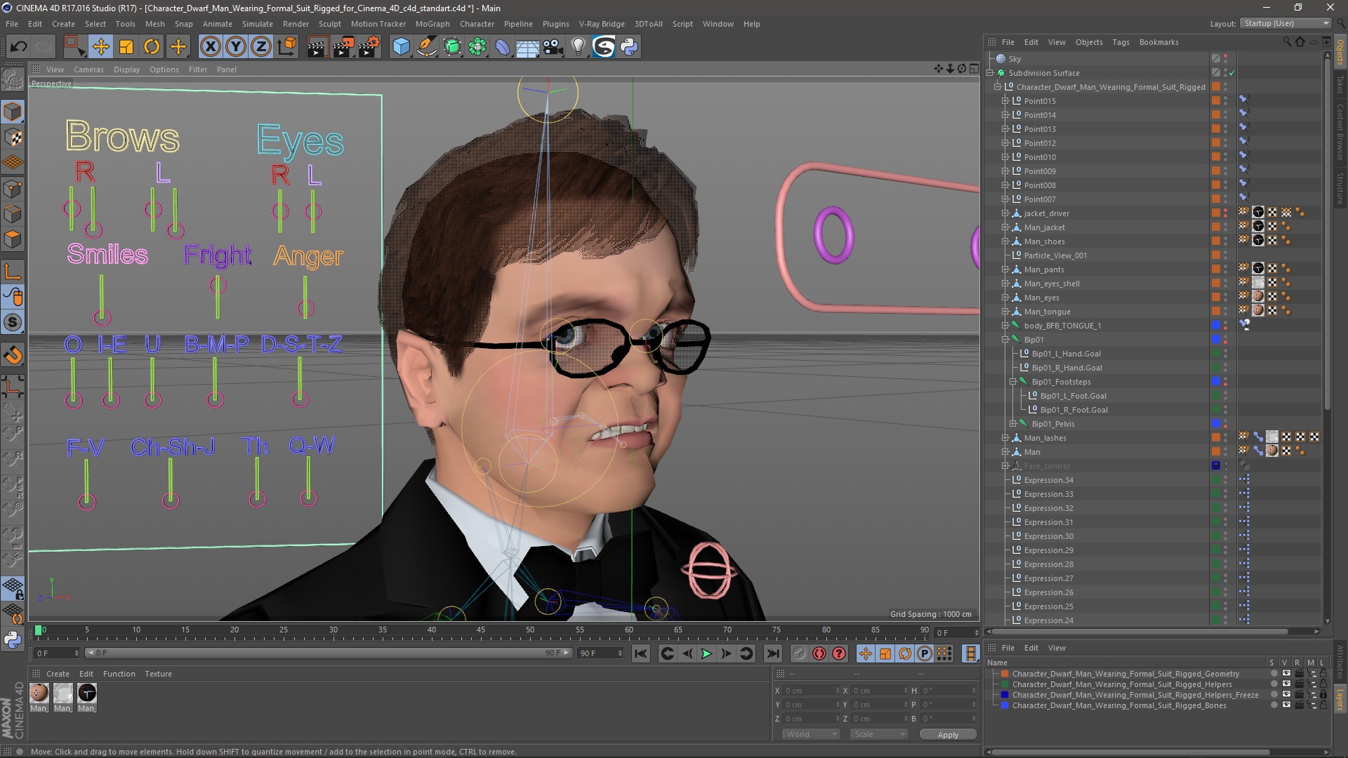 3D model Character Dwarf Man Wearing Formal Suit Rigged for Cinema 4D
