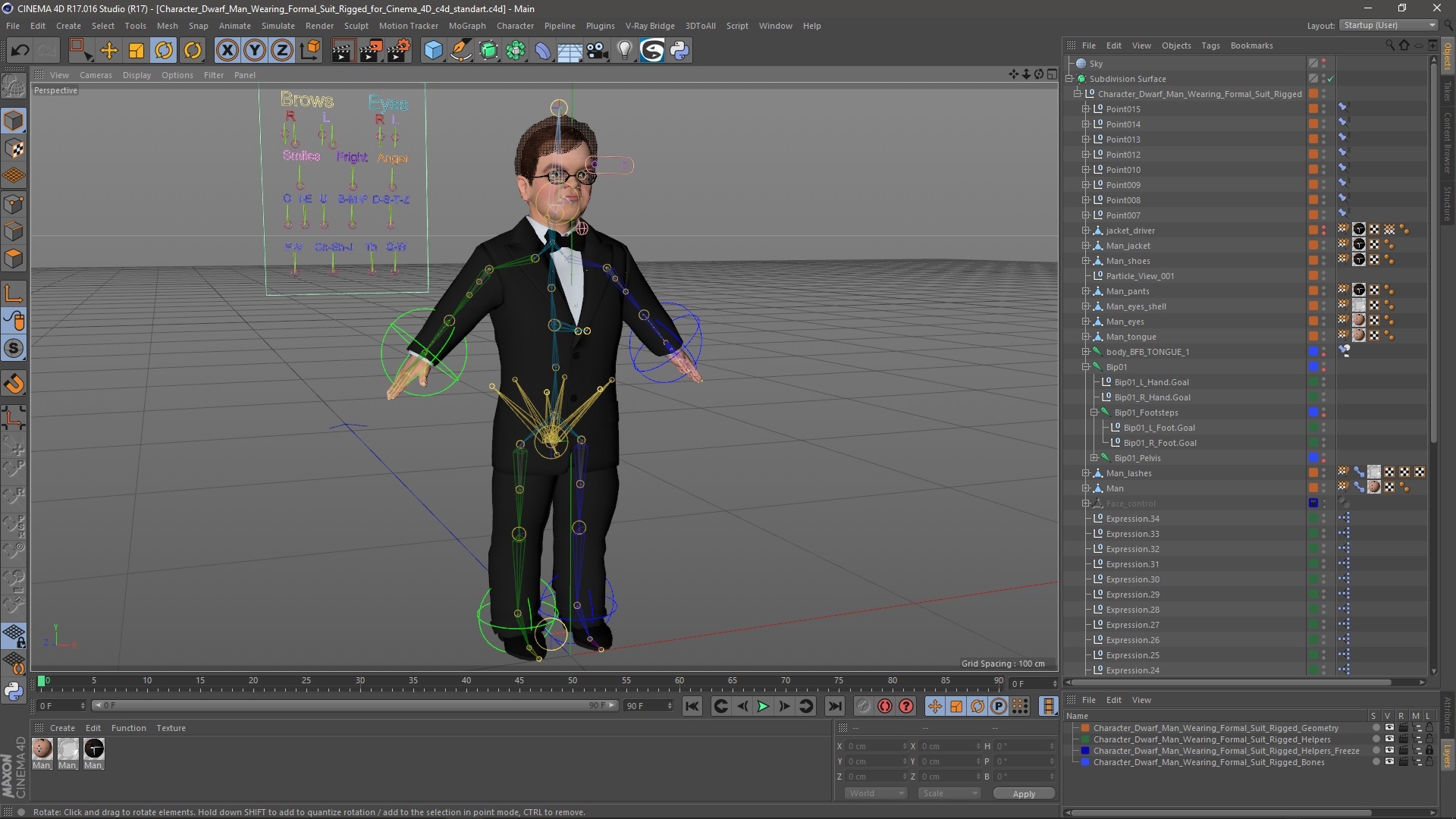 3D model Character Dwarf Man Wearing Formal Suit Rigged for Cinema 4D