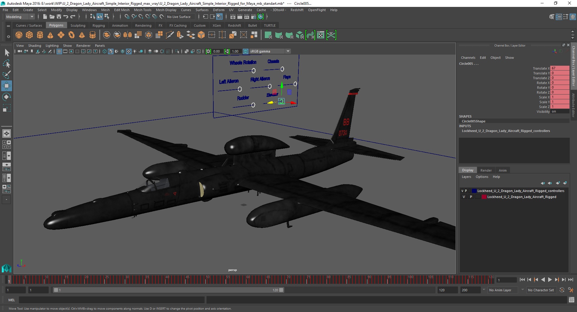 3D U_2 Dragon Lady Aircraft Simple Interior Rigged for Maya