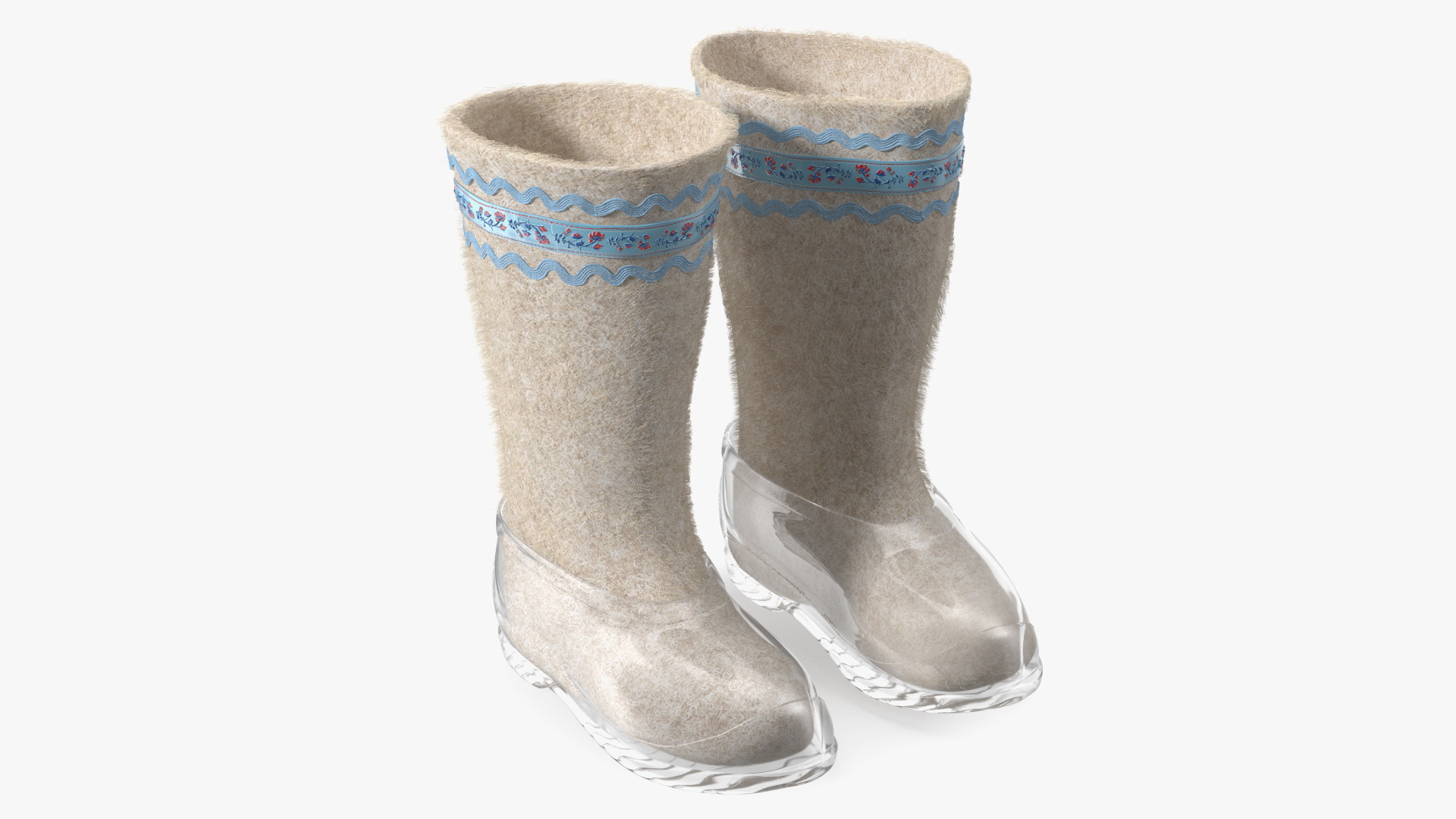 3D Warm White Felt Boots With Transparent Galoshes Fur