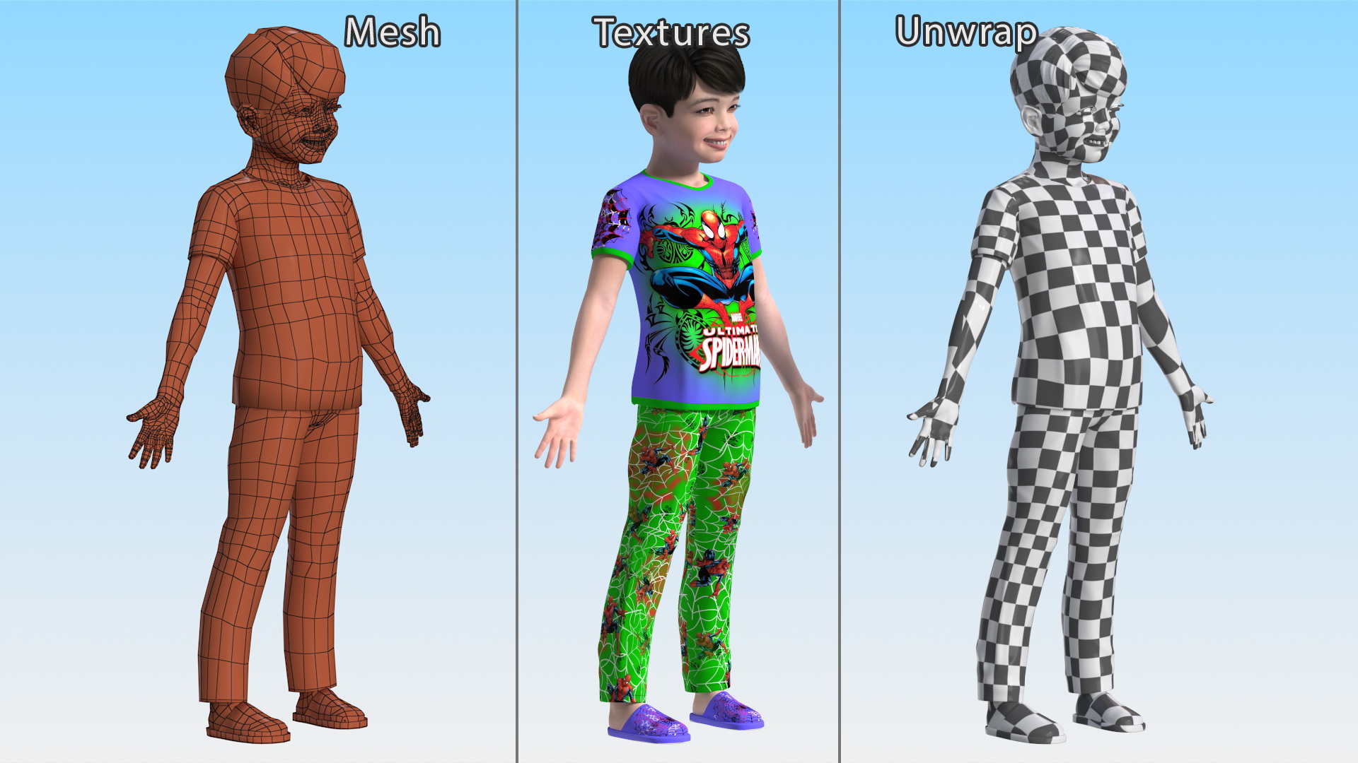 3D Asian Child Boy in Spiderman T-shirt