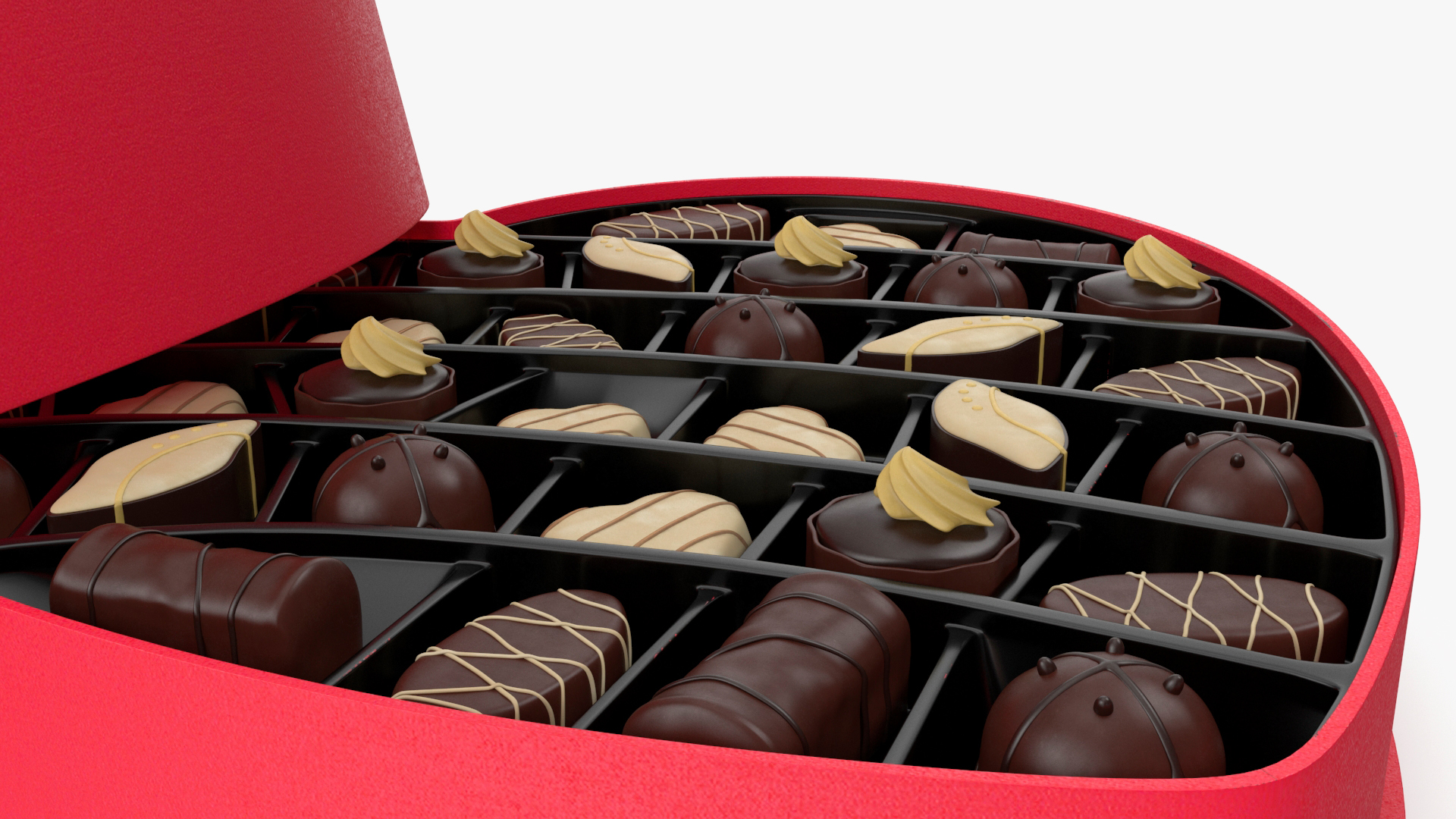 3D Assorted Chocolates in Heart Shaped Opened Box