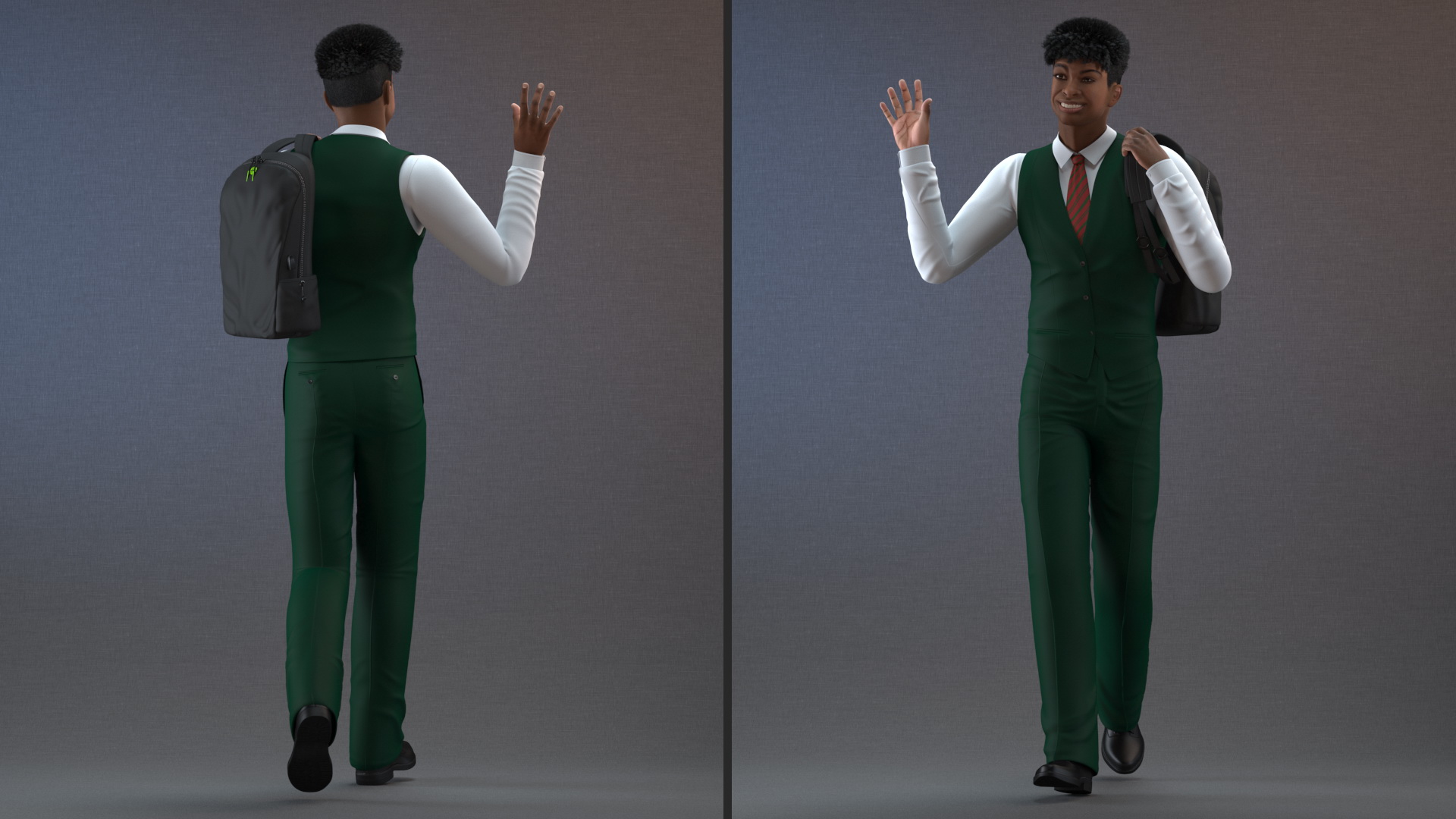 3D Black Teenager Light Skin School Uniform Walking model