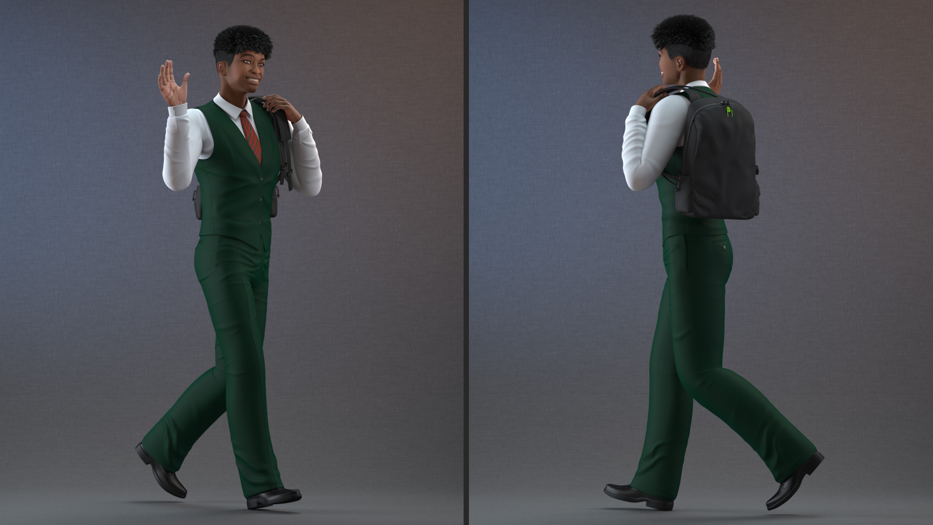 3D Black Teenager Light Skin School Uniform Walking model