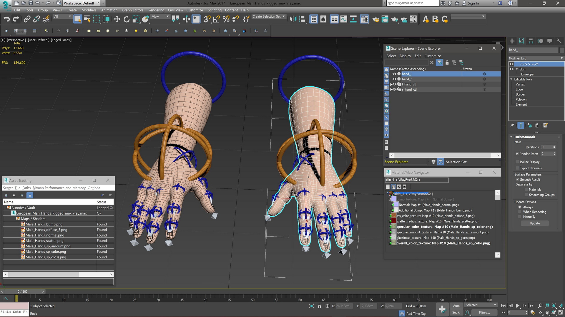 European Man Hands Rigged for Maya 3D model