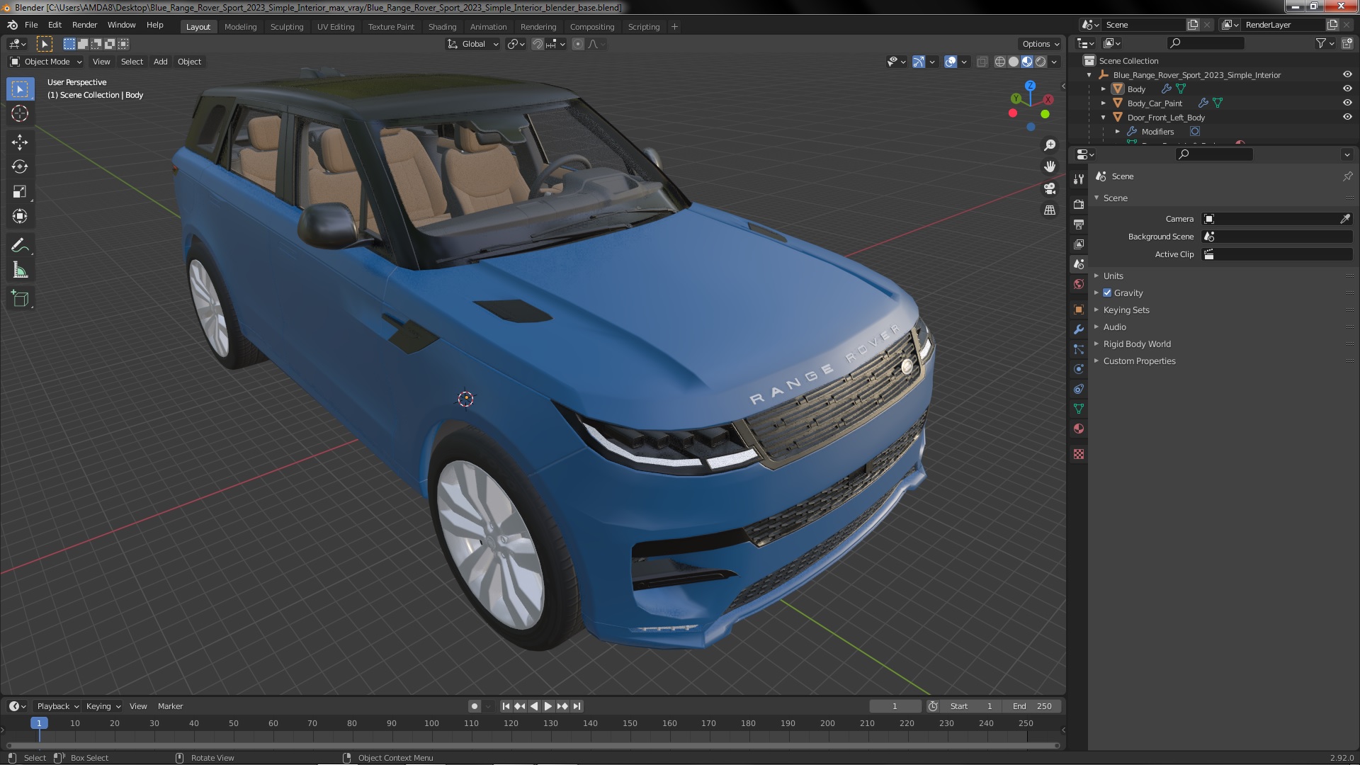3D Blue Range Rover Sport 2023 Simple Interior model