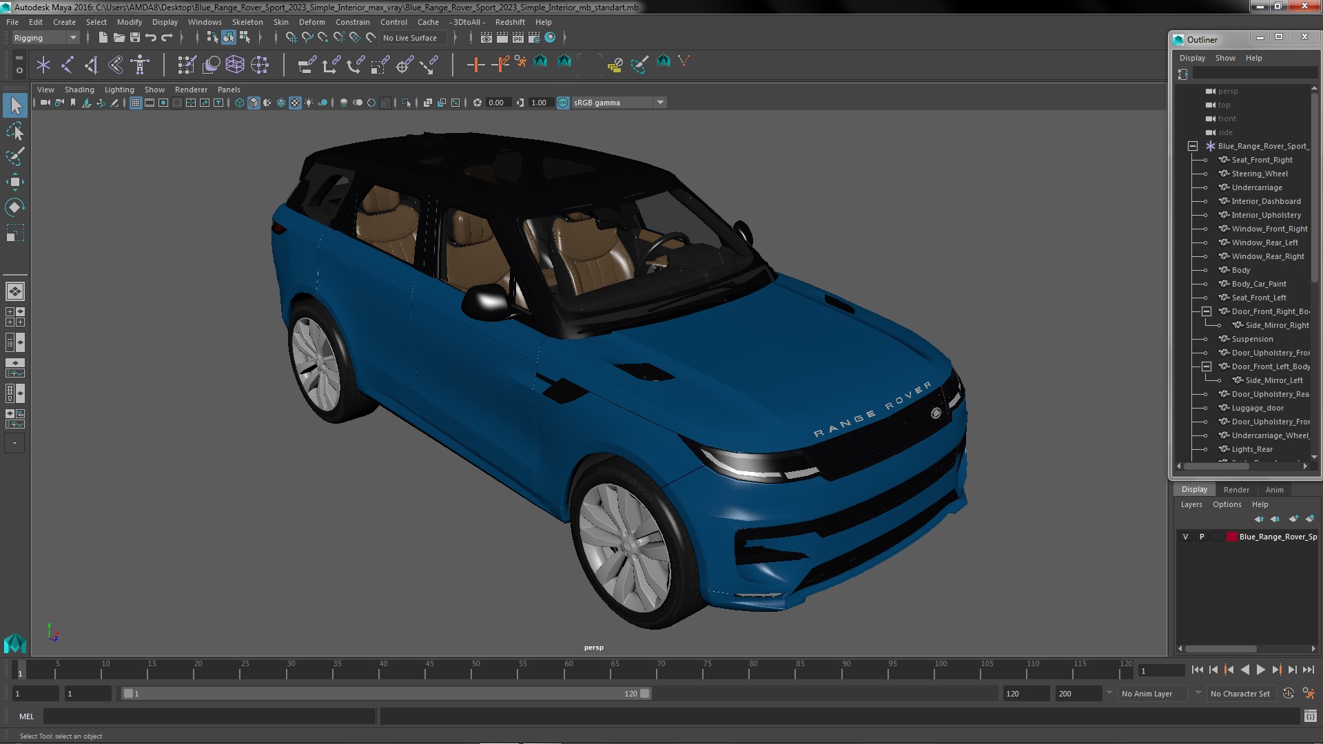 3D Blue Range Rover Sport 2023 Simple Interior model