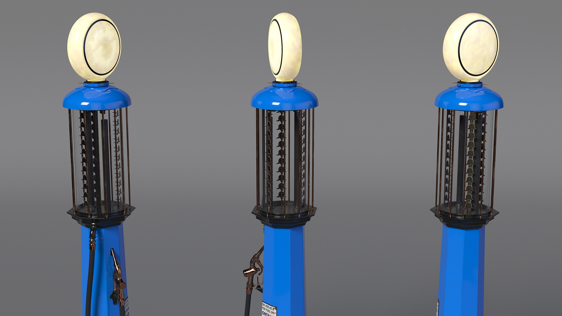 3D Vintage Blue Gas Station with Hand Crank Gas Pump Light On model