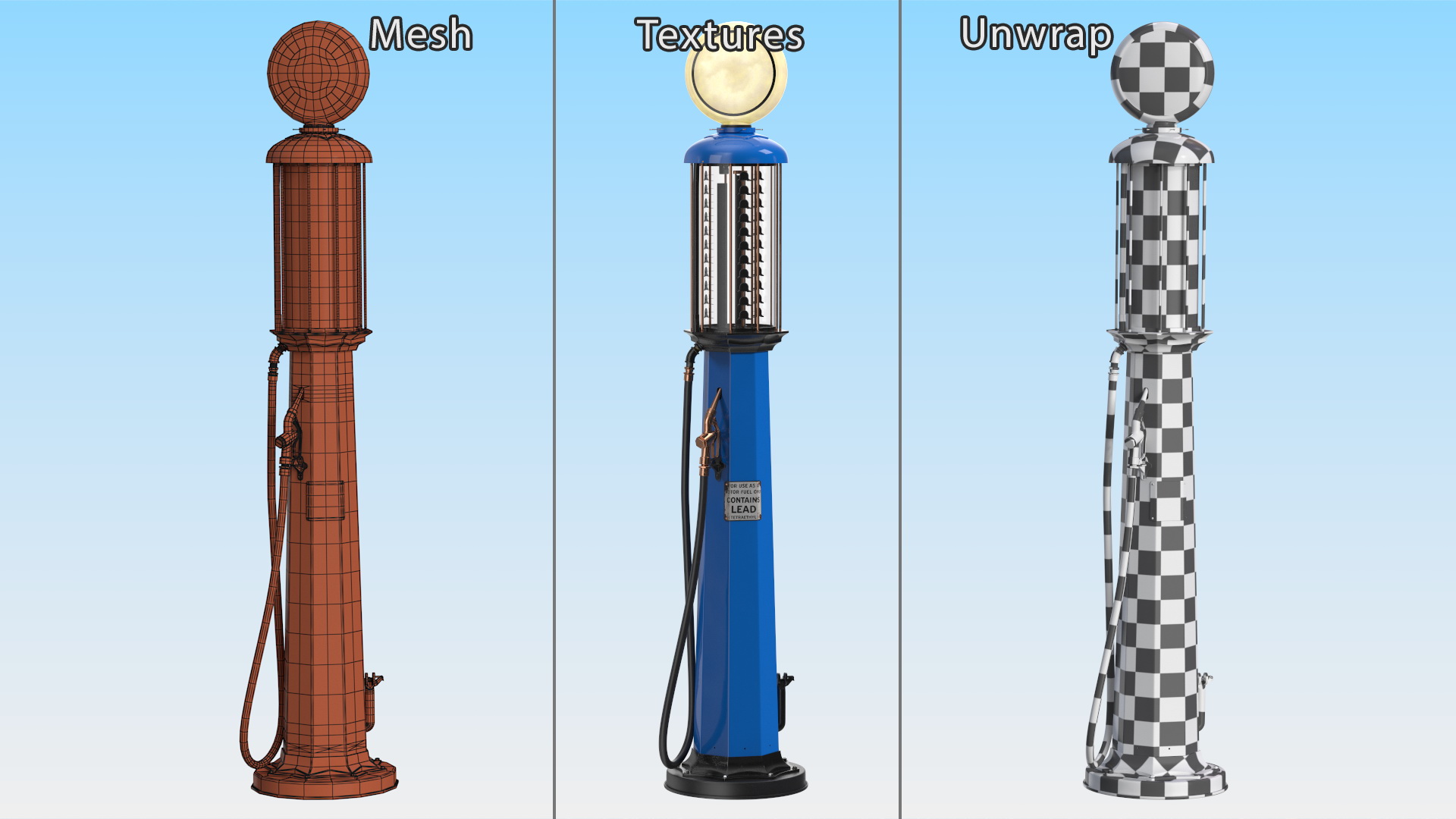 3D Vintage Blue Gas Station with Hand Crank Gas Pump Light On model