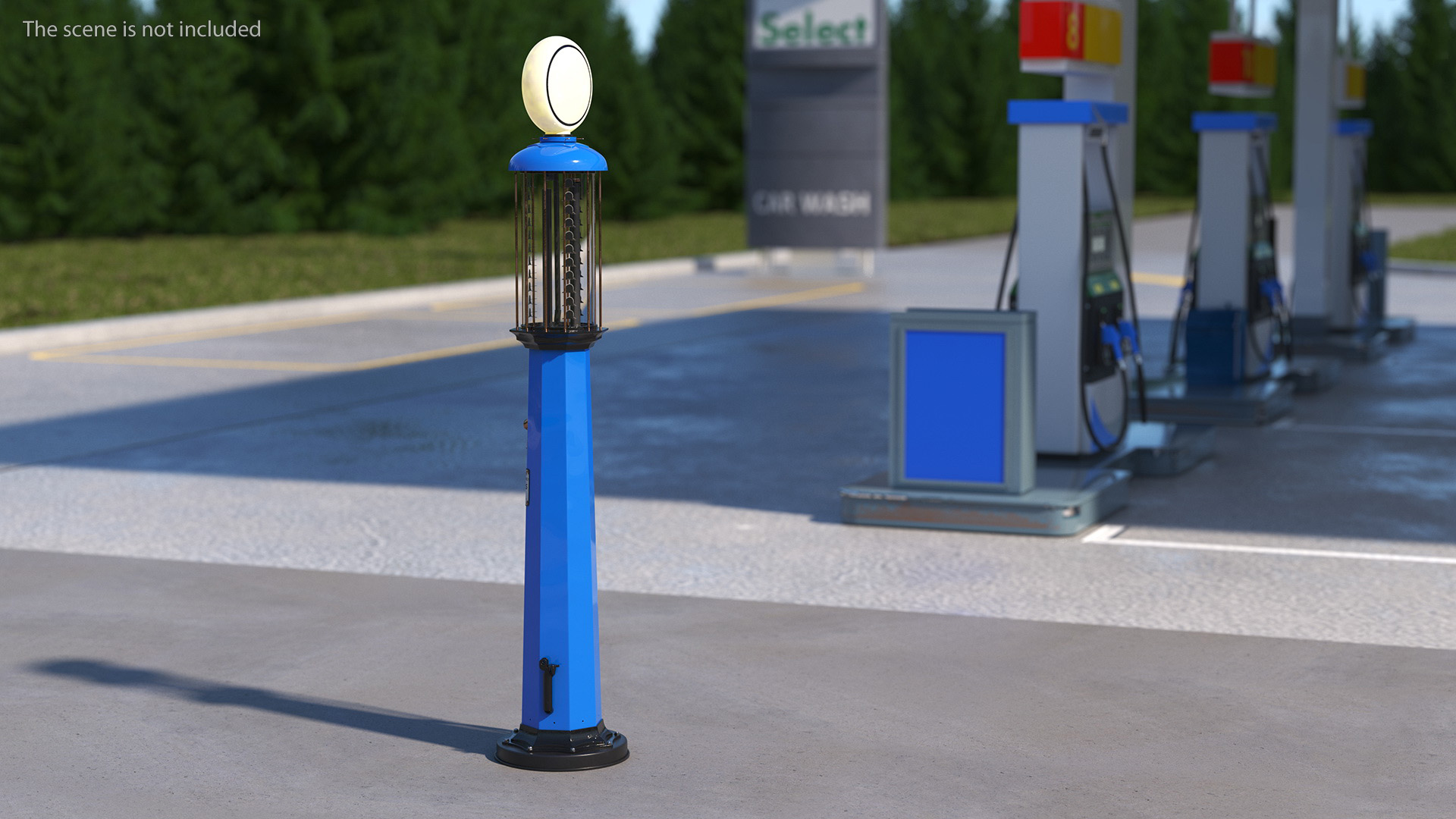 3D Vintage Blue Gas Station with Hand Crank Gas Pump Light On model