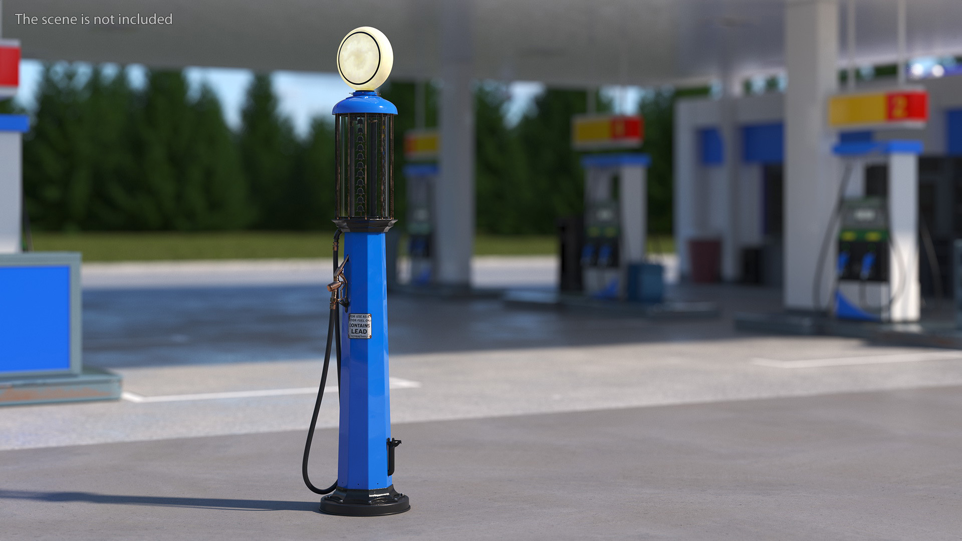 3D Vintage Blue Gas Station with Hand Crank Gas Pump Light On model