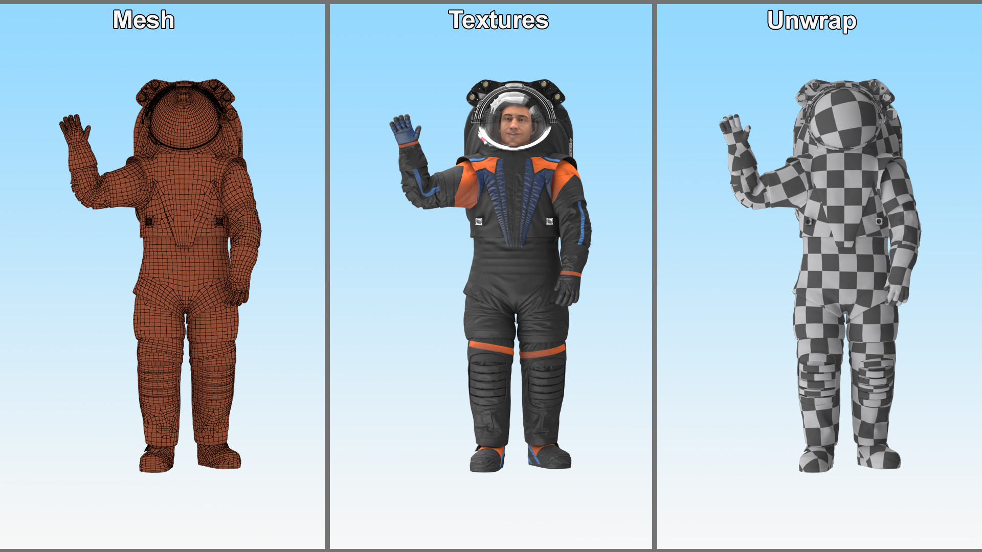 3D model Modern Spacesuit on Astronaut Waving Pose Fur
