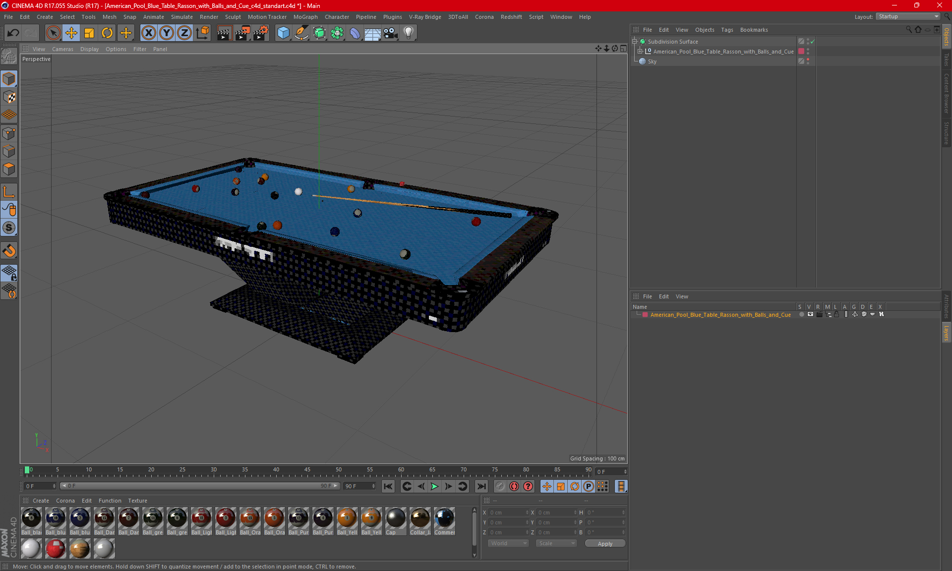 3D model American Pool Blue Table Rasson with Balls and Cue