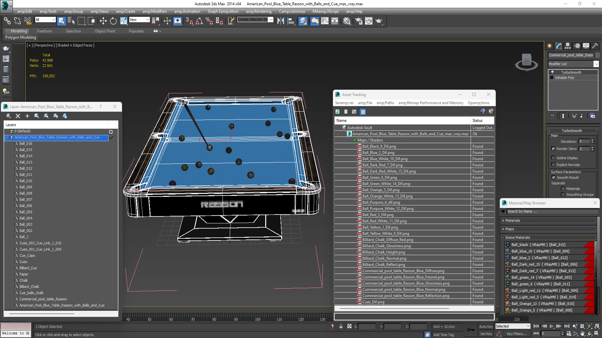 3D model American Pool Blue Table Rasson with Balls and Cue