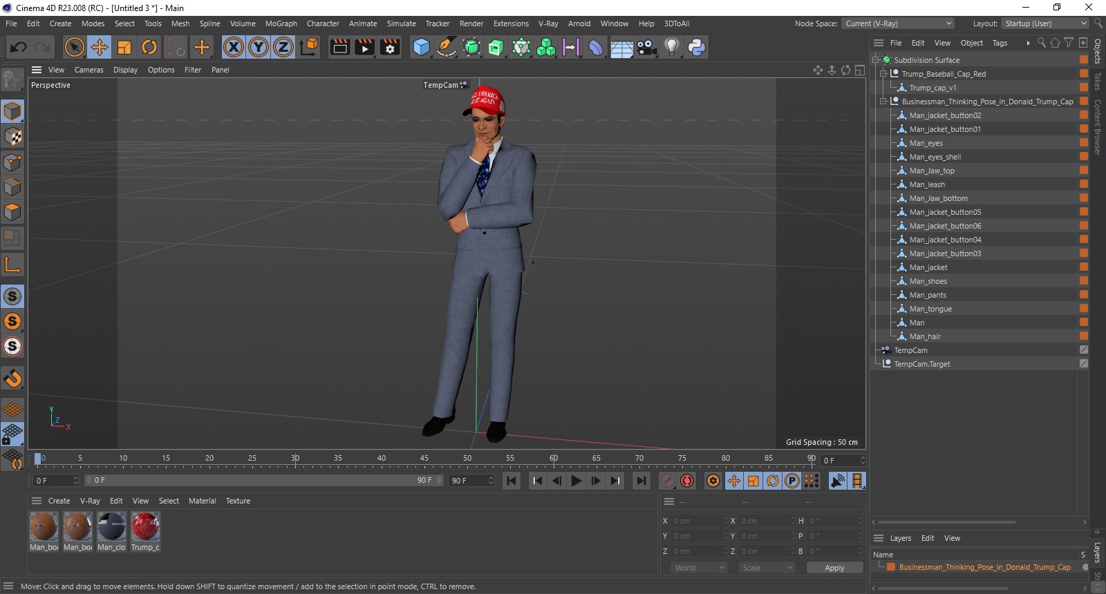 3D model Businessman Thinking Pose in Donald Trump Cap