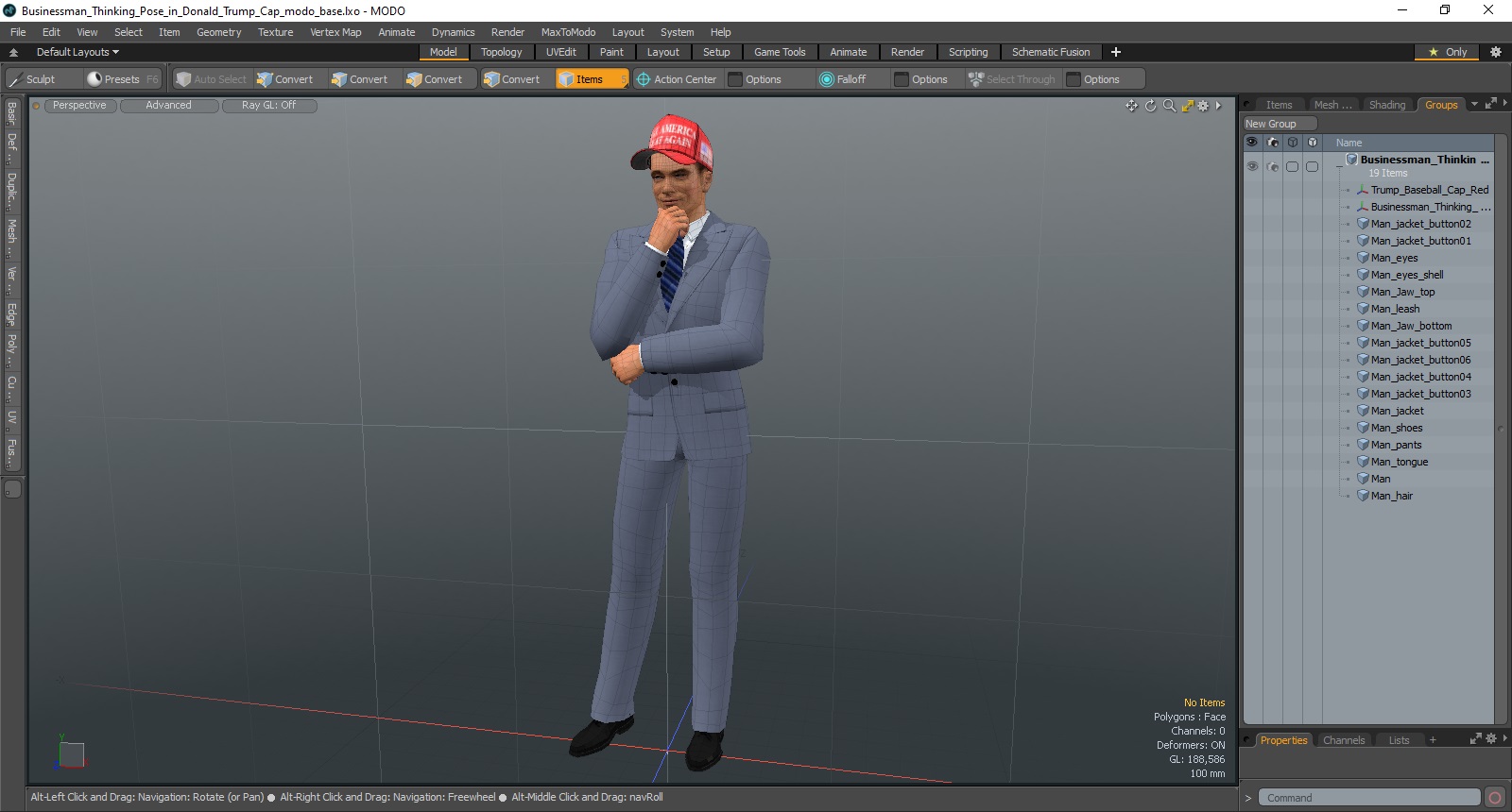 3D model Businessman Thinking Pose in Donald Trump Cap