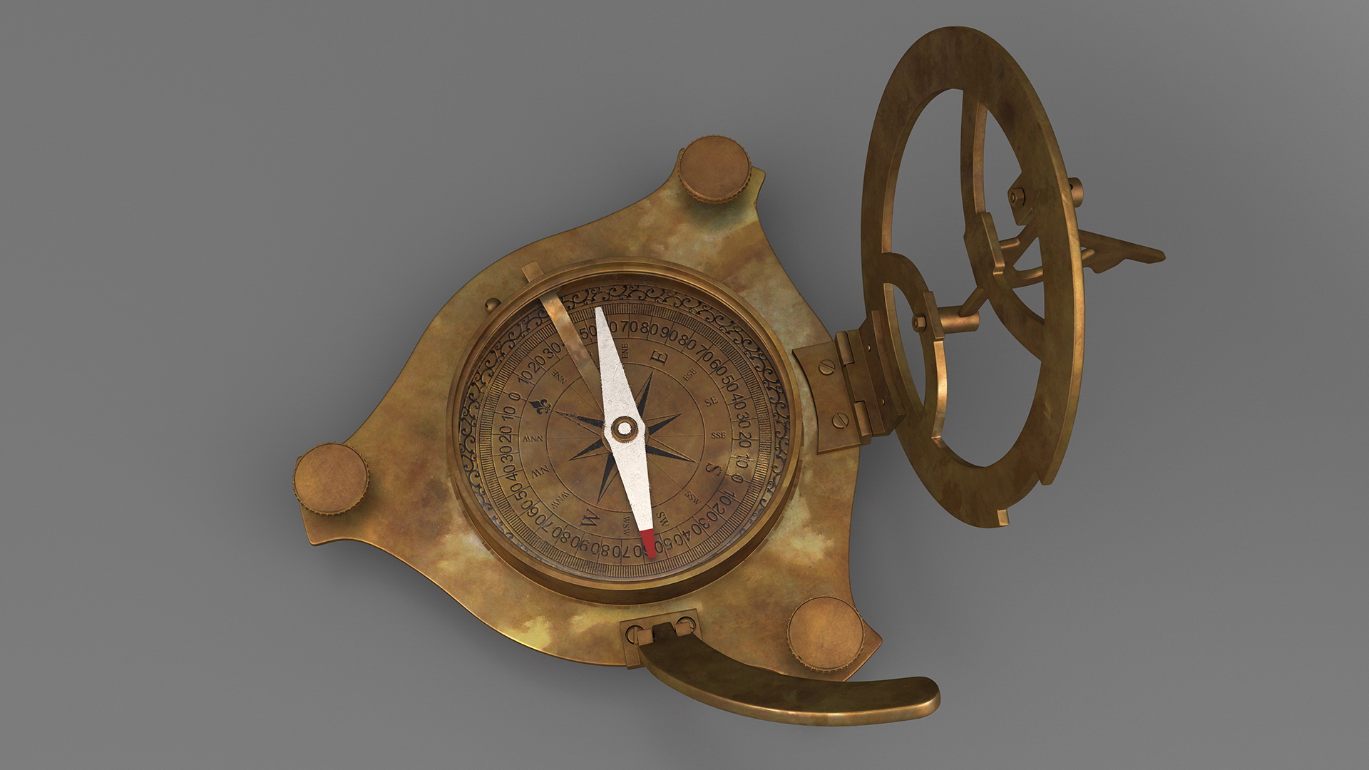 3D model Folded Aged Antique Compass with Sundial