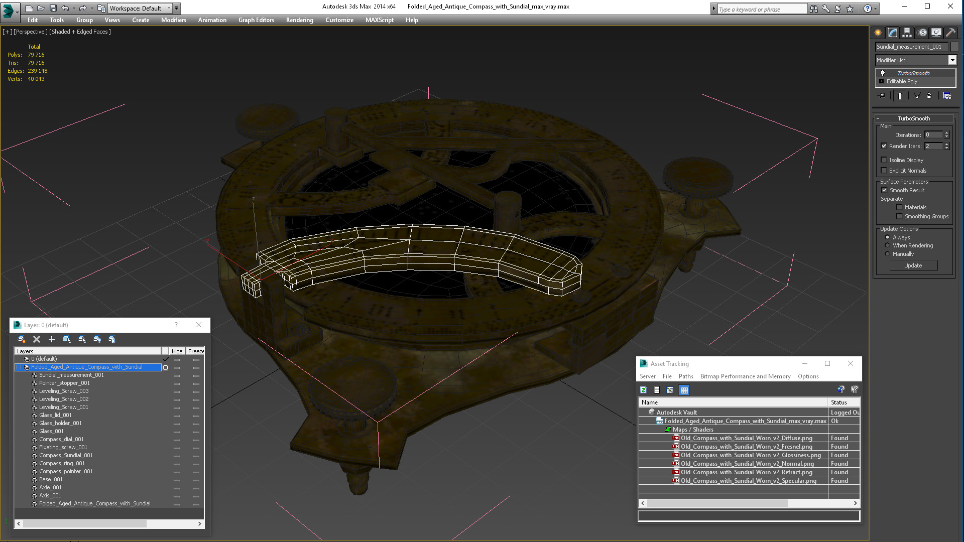 3D model Folded Aged Antique Compass with Sundial