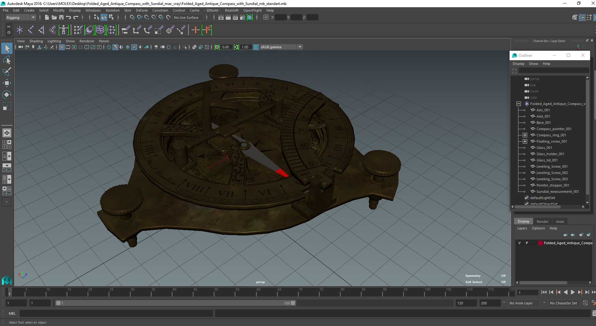 3D model Folded Aged Antique Compass with Sundial