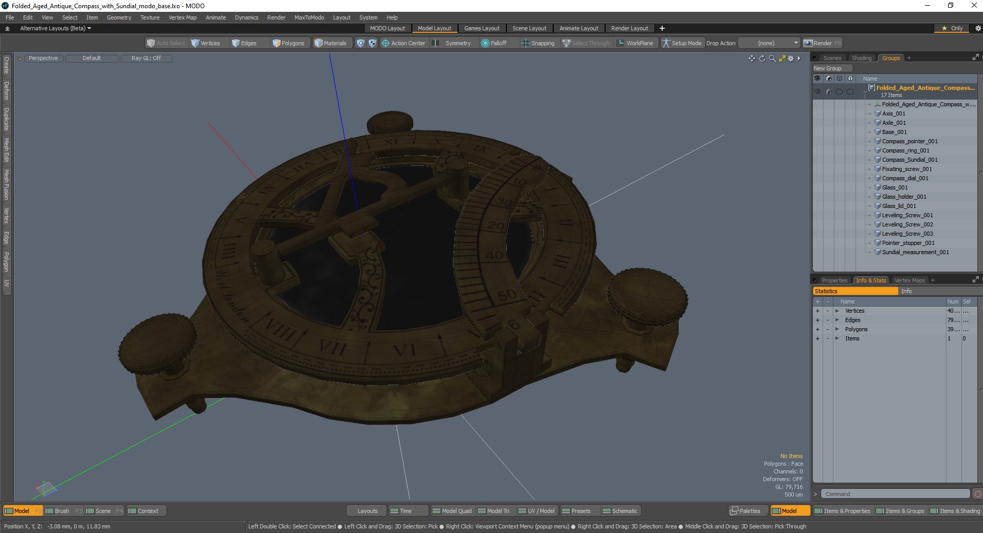 3D model Folded Aged Antique Compass with Sundial